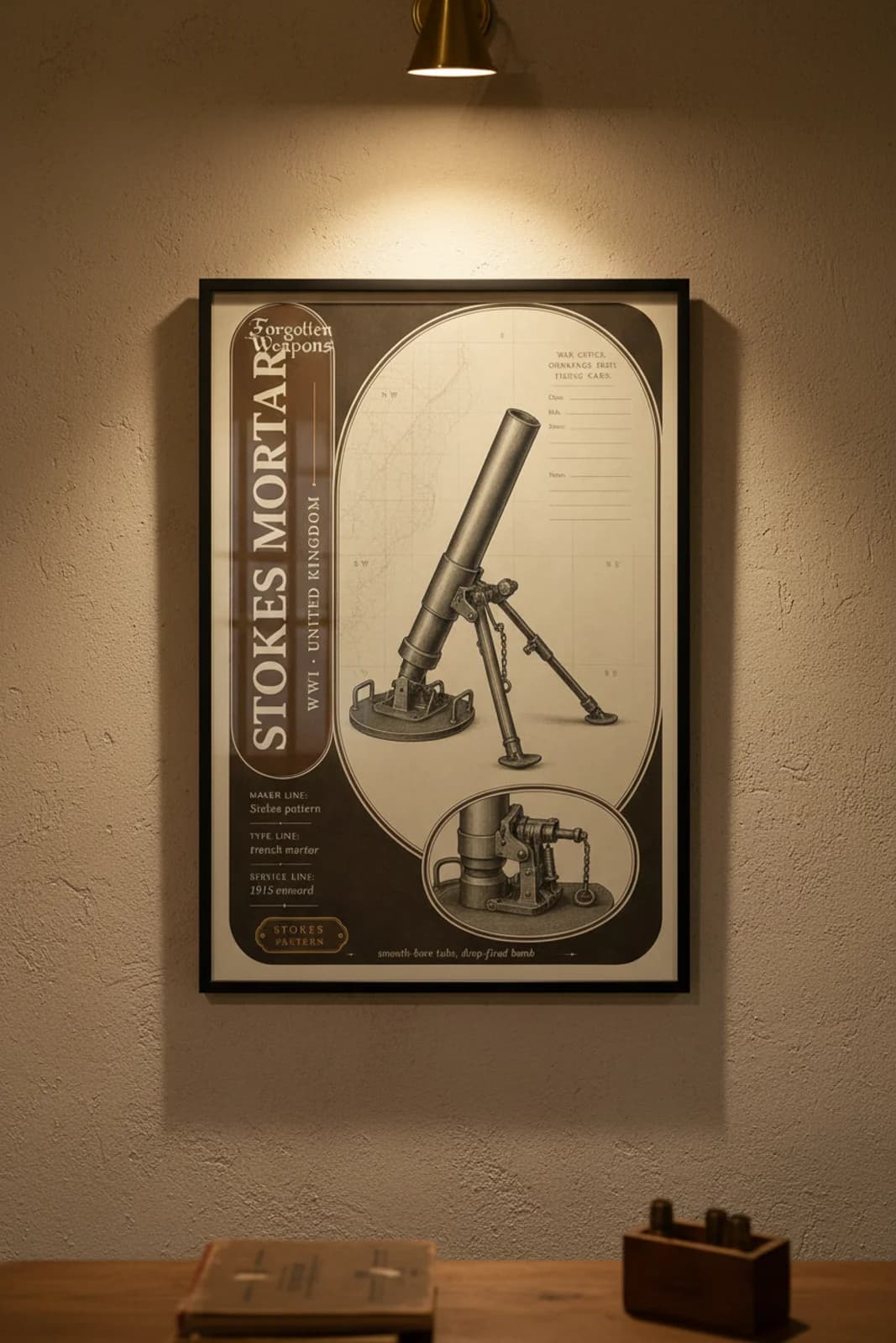 Stokes Mortar — Forgotten Weapons poster in black A2 frame on stokes-mortar-armoury-wash armoury plaster wall — Forgotten Weapons study mockup