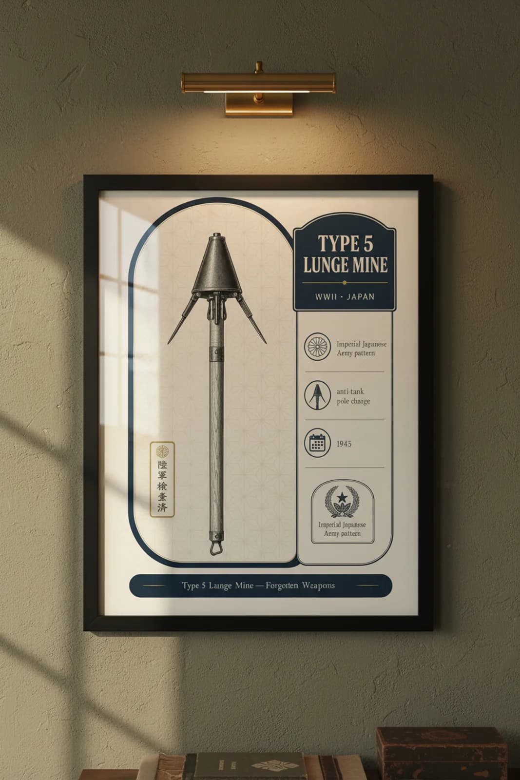 Type 5 Lunge Mine — Forgotten Weapons poster in black A2 frame on type-5-lunge-mine-armoury-wash armoury plaster wall — Forgotten Weapons study mockup