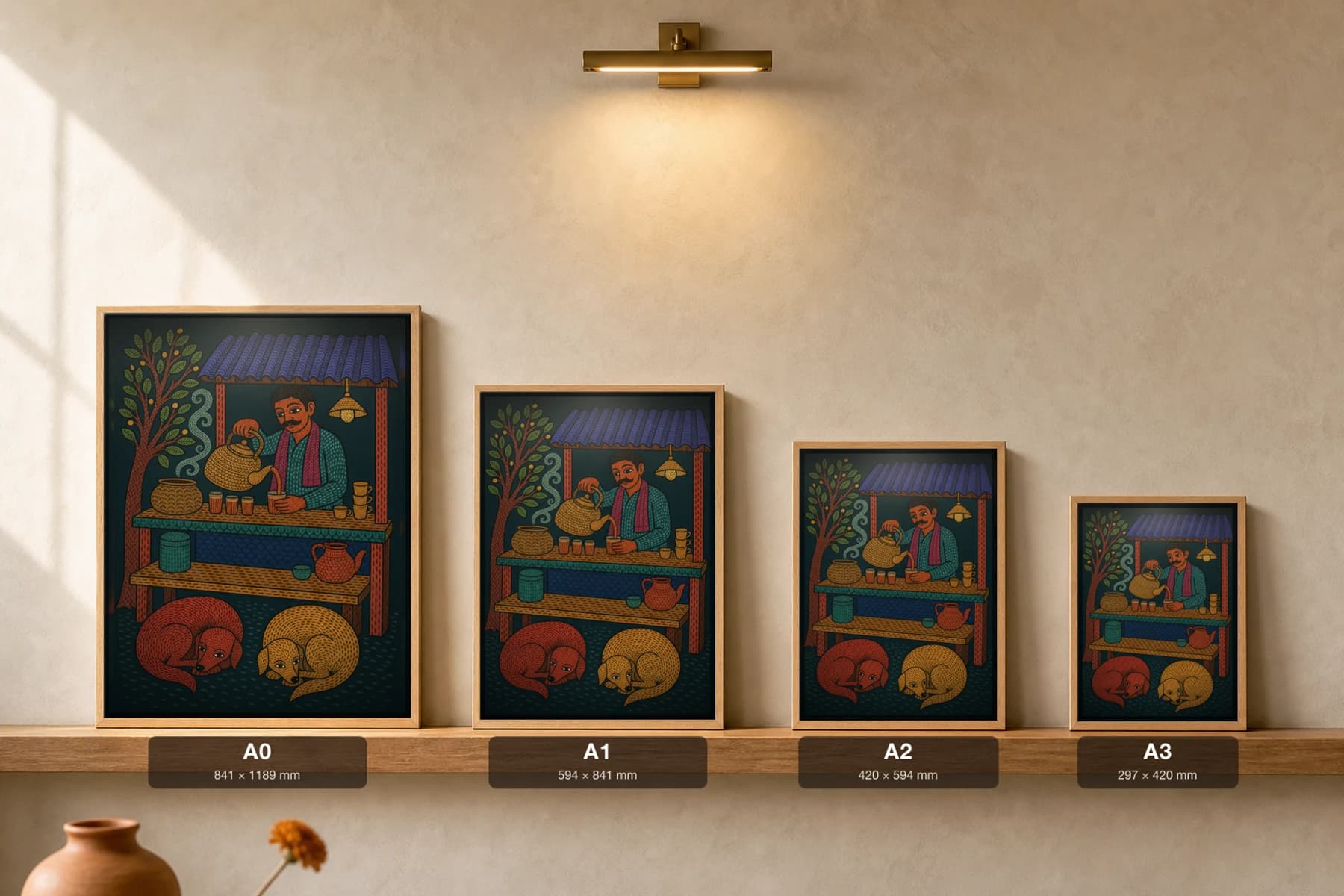 Chai Stall Dogs Gond Art Print — Pradhan Gond Jangarh Kalam folk art · collector A2 · Madhya Pradesh — print size guide showing the artwork at A0, A1, A2 and A3 in natural-oak frames at true relative scale