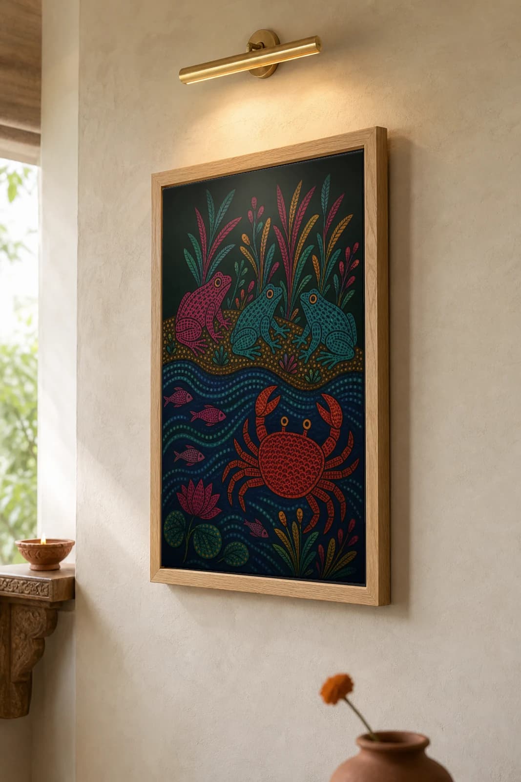Pond Creatures Gond Art Print — Pradhan Gond Jangarh Kalam folk art · collector A2 · Madhya Pradesh — the framed print shown at a three-quarter angle on a styled gallery wall in a natural-oak frame