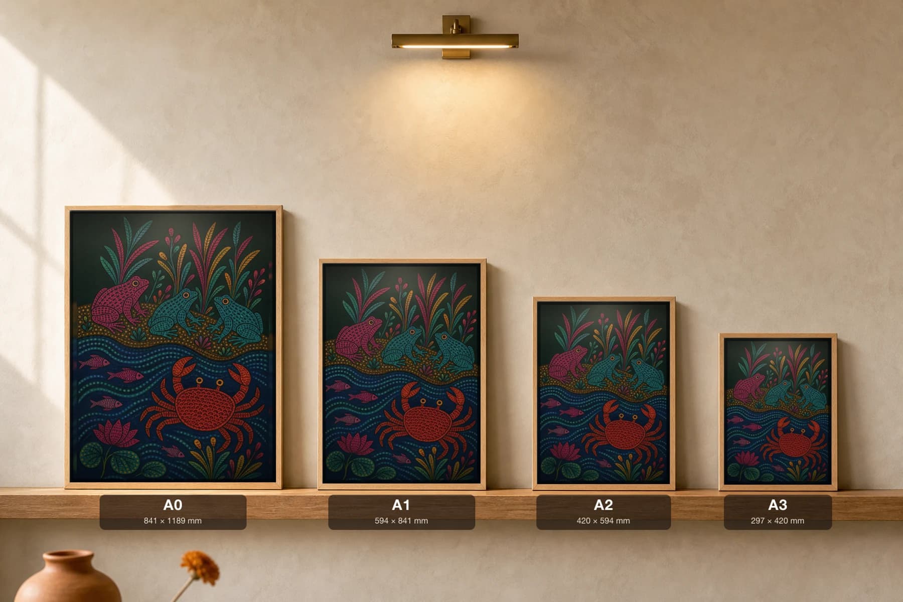 Pond Creatures Gond Art Print — Pradhan Gond Jangarh Kalam folk art · collector A2 · Madhya Pradesh — print size guide showing the artwork at A0, A1, A2 and A3 in natural-oak frames at true relative scale