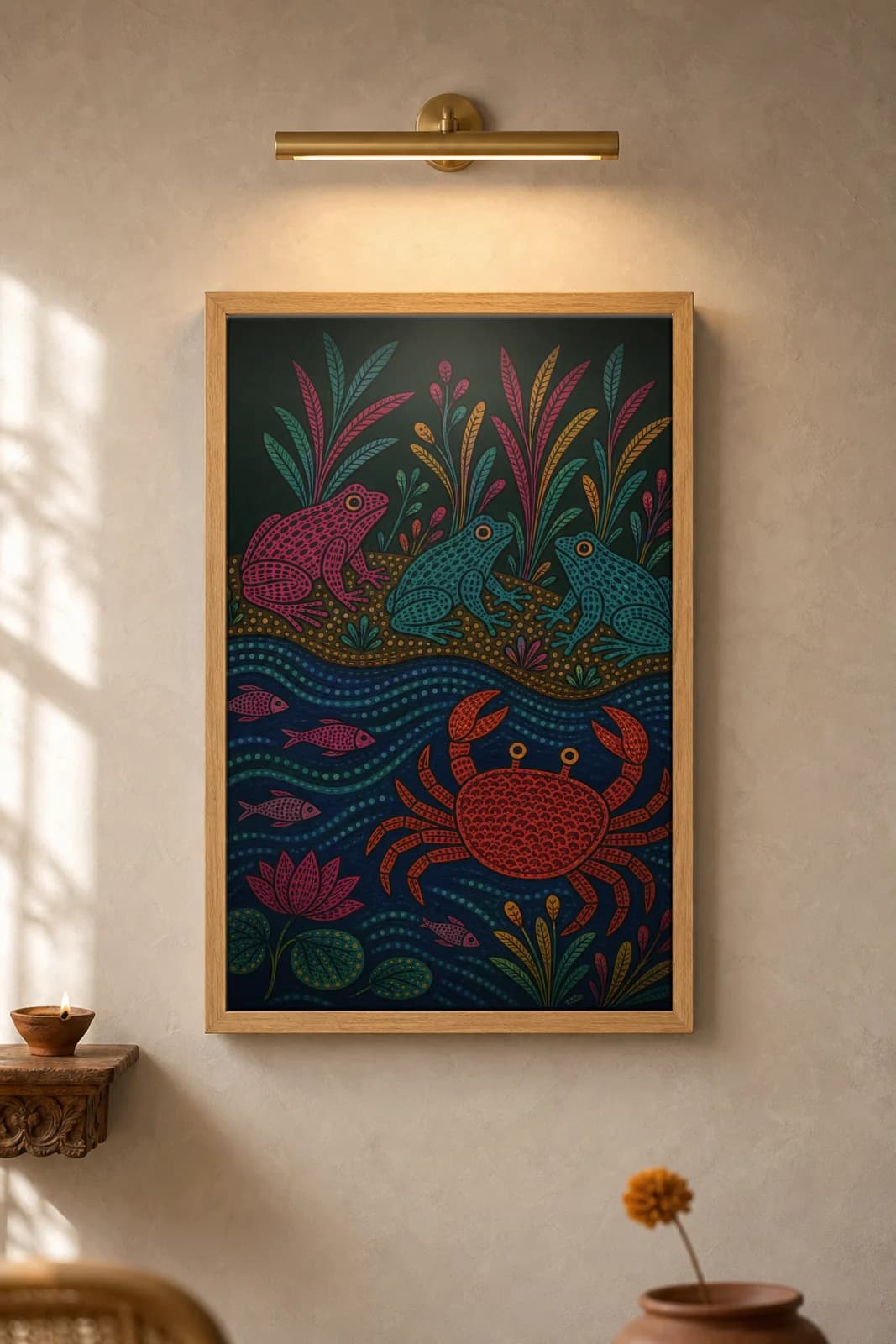 Pond Creatures — framed museum print, Gond