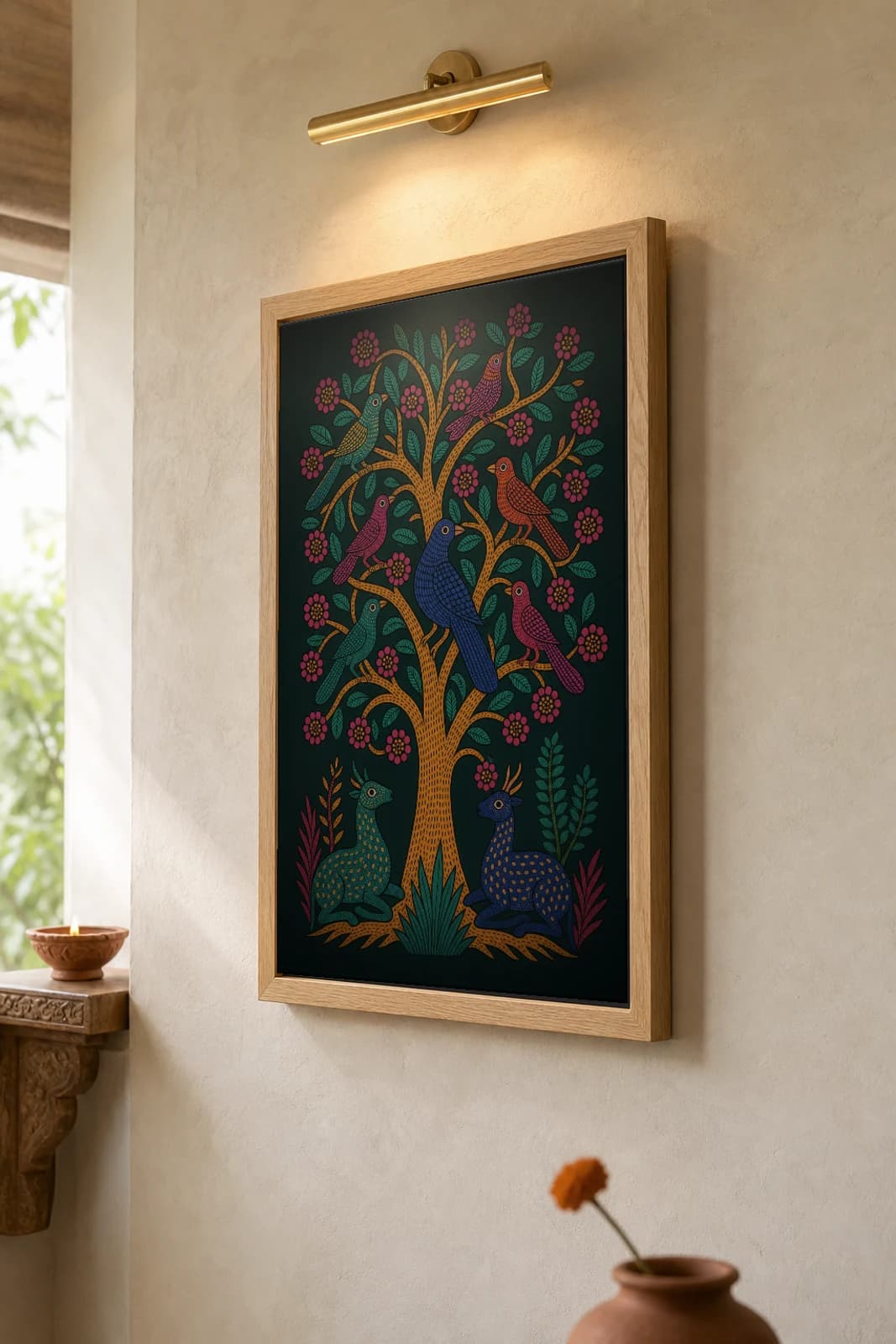 Flowering Tree of Birds Gond Art Print — Pradhan Gond Jangarh Kalam folk art · collector A2 · Madhya Pradesh — the framed print shown at a three-quarter angle on a styled gallery wall in a natural-oak frame