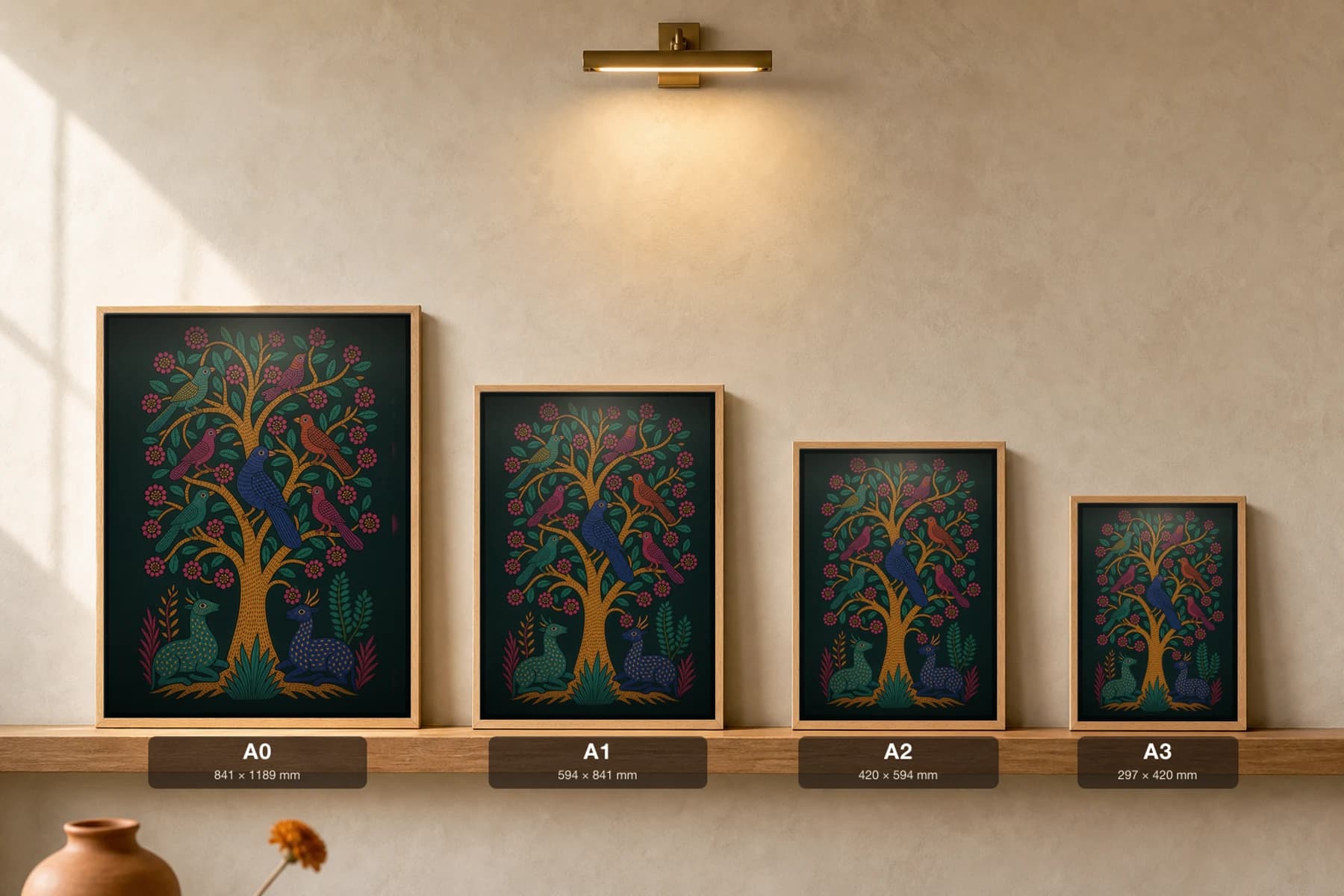 Flowering Tree of Birds Gond Art Print — Pradhan Gond Jangarh Kalam folk art · collector A2 · Madhya Pradesh — print size guide showing the artwork at A0, A1, A2 and A3 in natural-oak frames at true relative scale
