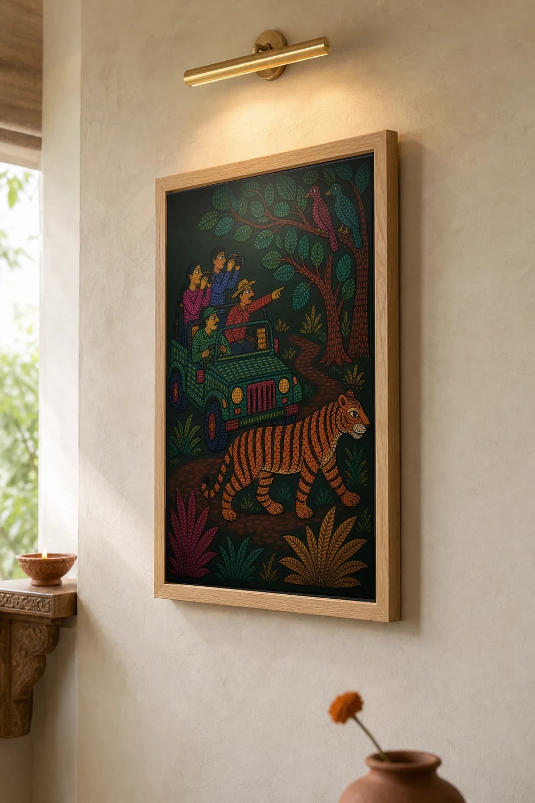 Tiger Safari Jeep Gond Art Print — Pradhan Gond Jangarh Kalam folk art · collector A2 · Madhya Pradesh — the framed print shown at a three-quarter angle on a styled gallery wall in a natural-oak frame