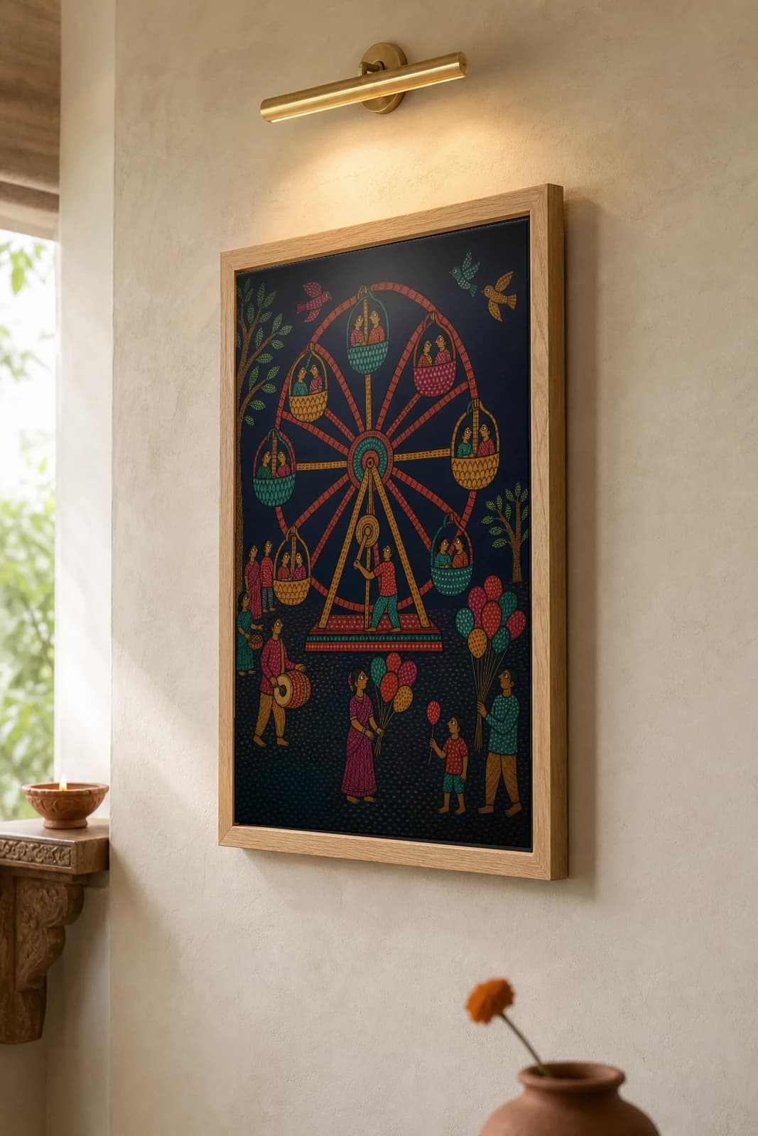 Madai Giant Wheel Gond Art Print — Pradhan Gond Jangarh Kalam folk art · collector A2 · Madhya Pradesh — the framed print shown at a three-quarter angle on a styled gallery wall in a natural-oak frame