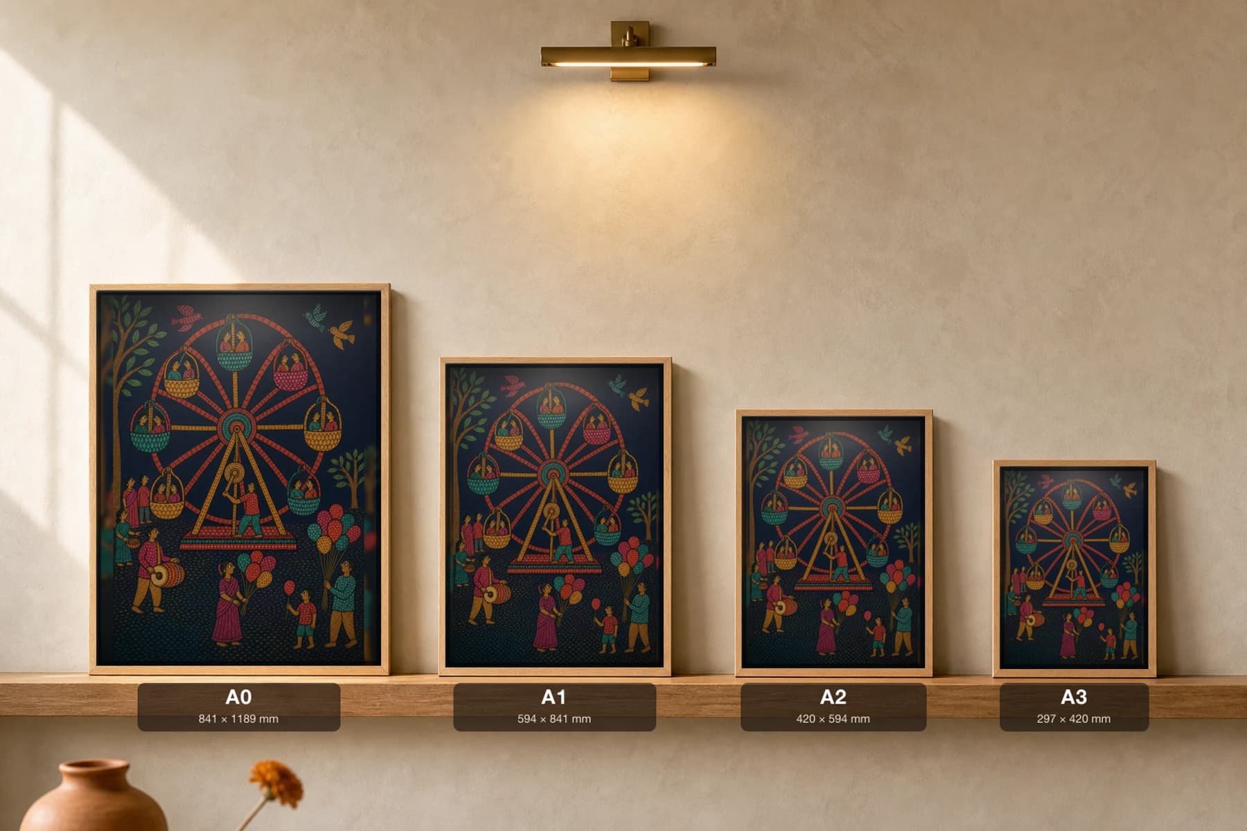 Madai Giant Wheel Gond Art Print — Pradhan Gond Jangarh Kalam folk art · collector A2 · Madhya Pradesh — print size guide showing the artwork at A0, A1, A2 and A3 in natural-oak frames at true relative scale
