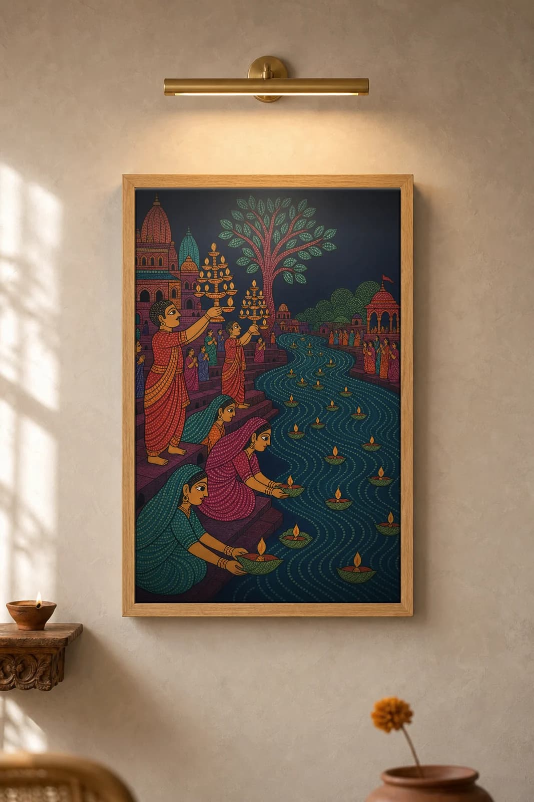 Narmada Ghat Aarti — framed museum print, Gond