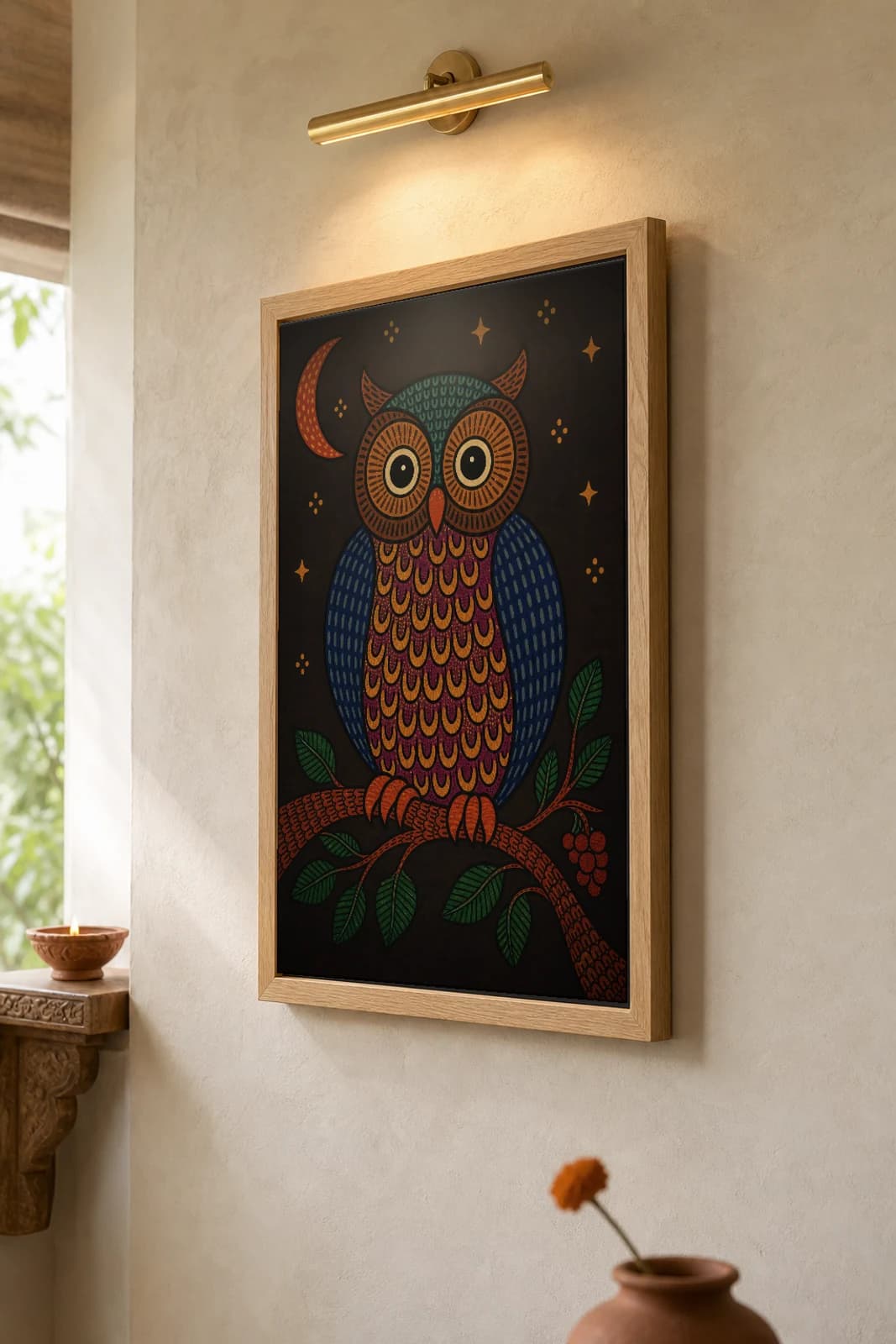 Night Owl Gond Art Print — Pradhan Gond Jangarh Kalam folk art · collector A2 · Madhya Pradesh single-icon owl on a branch under a crescent moon — the framed print shown at a three-quarter angle on a styled gallery wall in a natural-oak frame