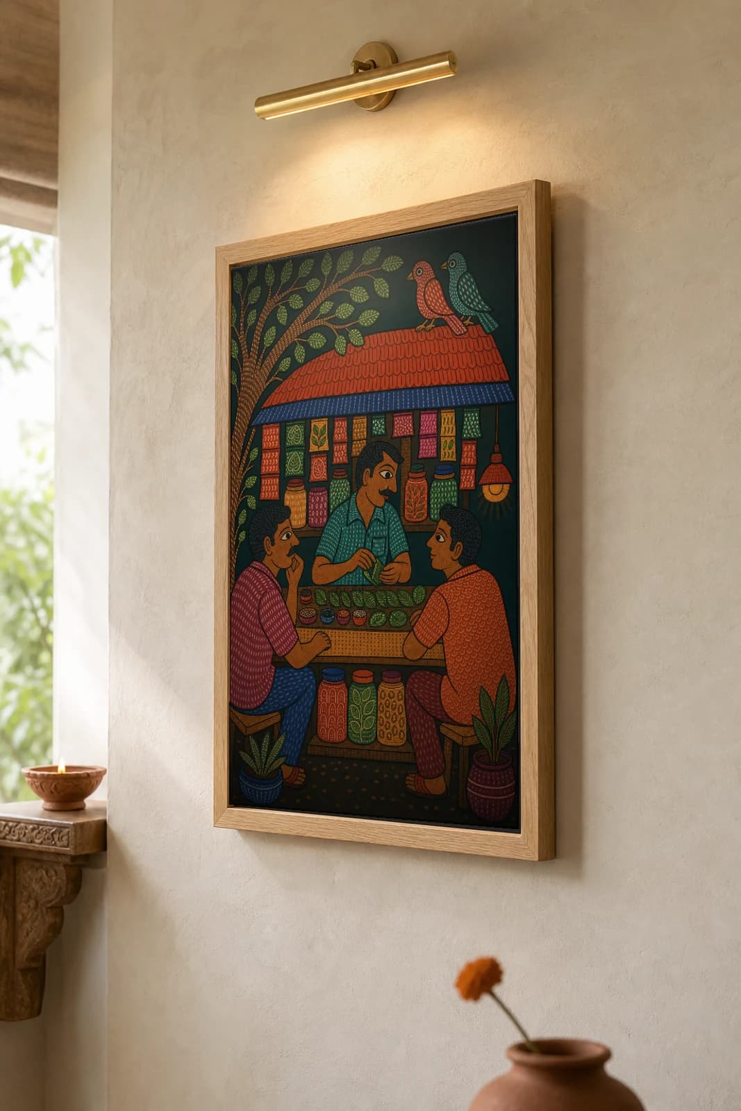 Paan Shop Gond Art Print — Pradhan Gond Jangarh Kalam folk art · collector A2 · Madhya Pradesh corner paan stall at evening — the framed print shown at a three-quarter angle on a styled gallery wall in a natural-oak frame