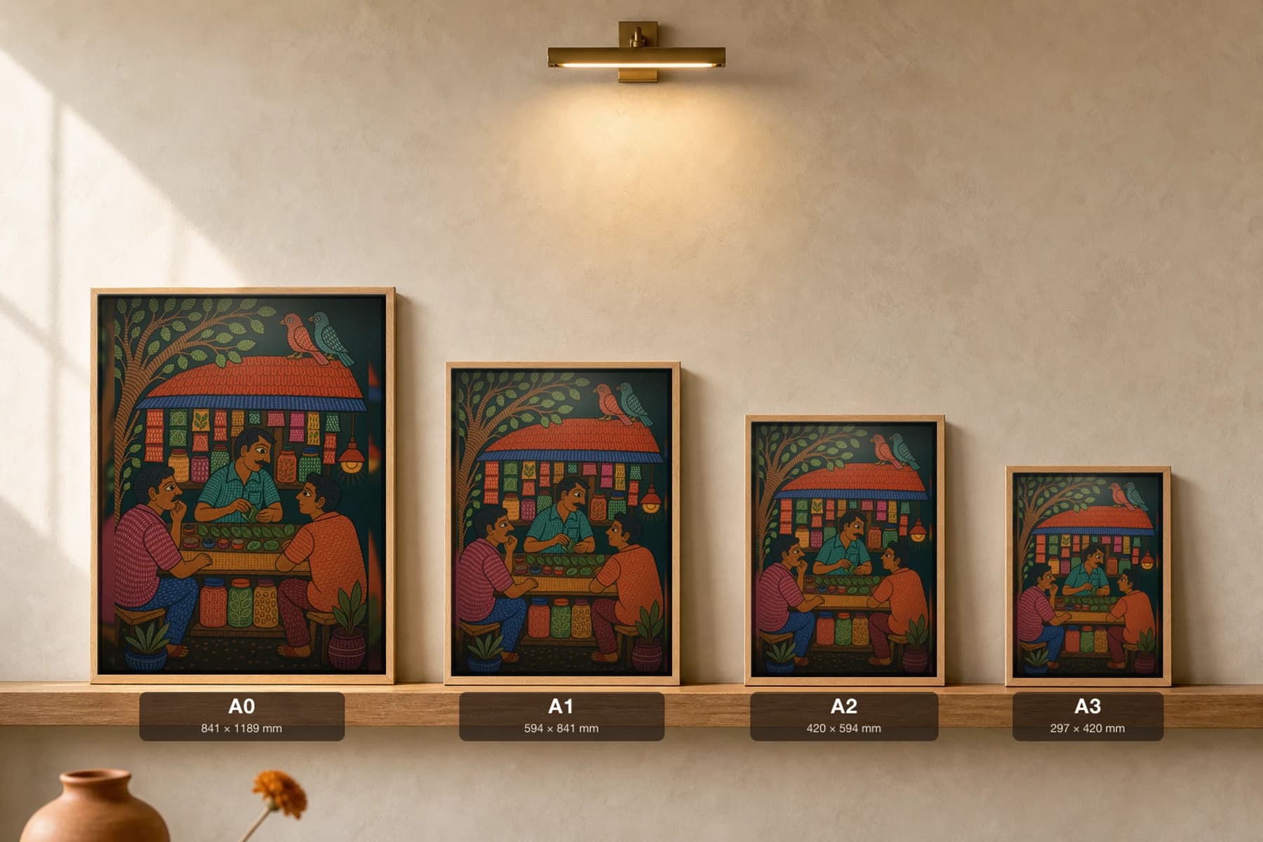 Paan Shop Gond Art Print — Pradhan Gond Jangarh Kalam folk art · collector A2 · Madhya Pradesh corner paan stall at evening — print size guide showing the artwork at A0, A1, A2 and A3 in natural-oak frames at true relative scale