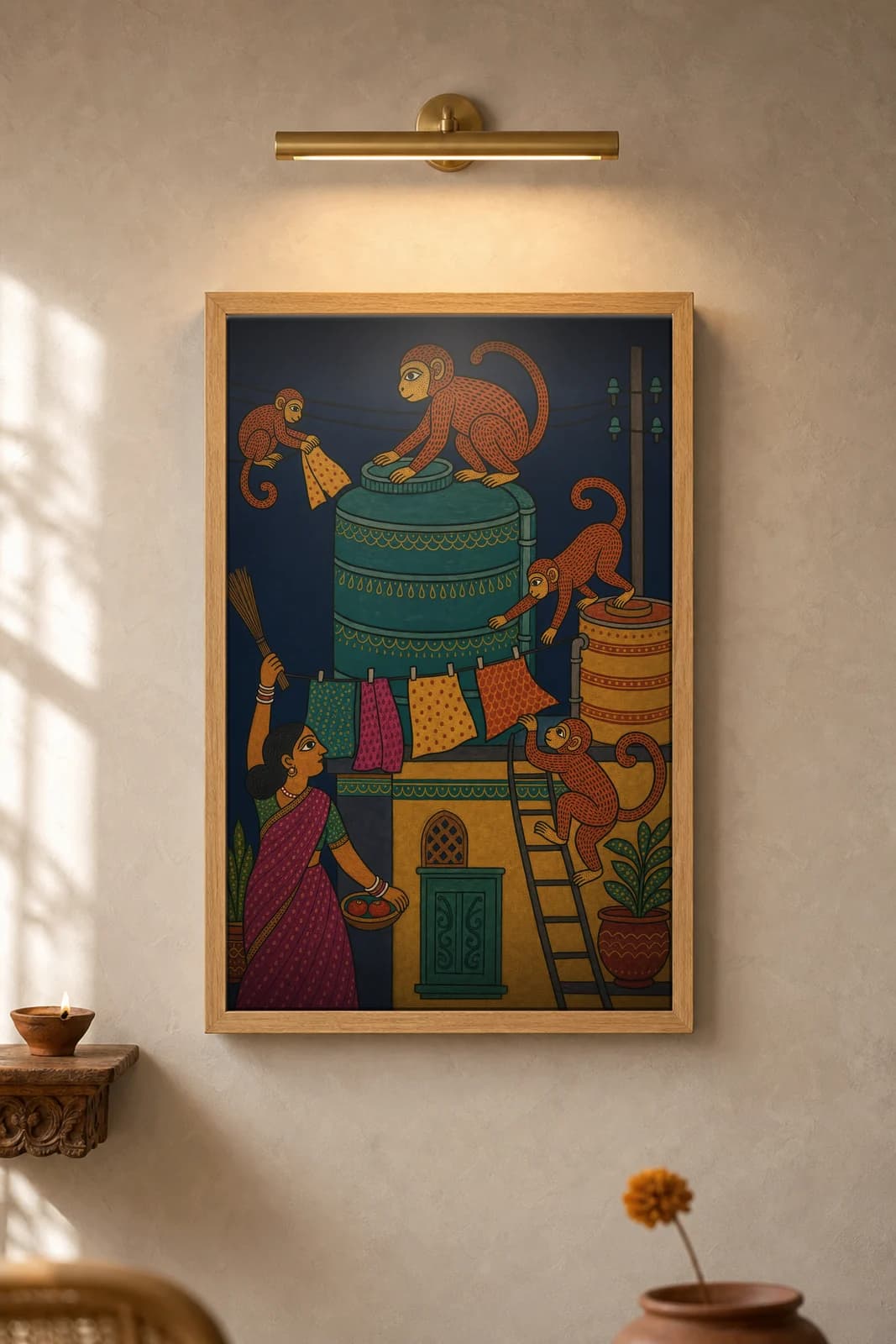 Rooftop Monkeys — framed museum print, Gond