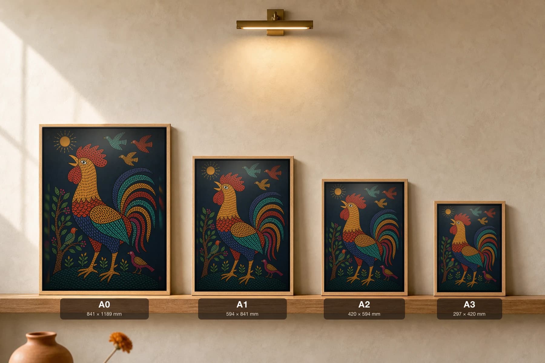 Rooster at Dawn Gond Art Print — Pradhan Gond Jangarh Kalam folk art · collector A2 · Madhya Pradesh crowing rooster under a rayed sun — print size guide showing the artwork at A0, A1, A2 and A3 in natural-oak frames at true relative scale