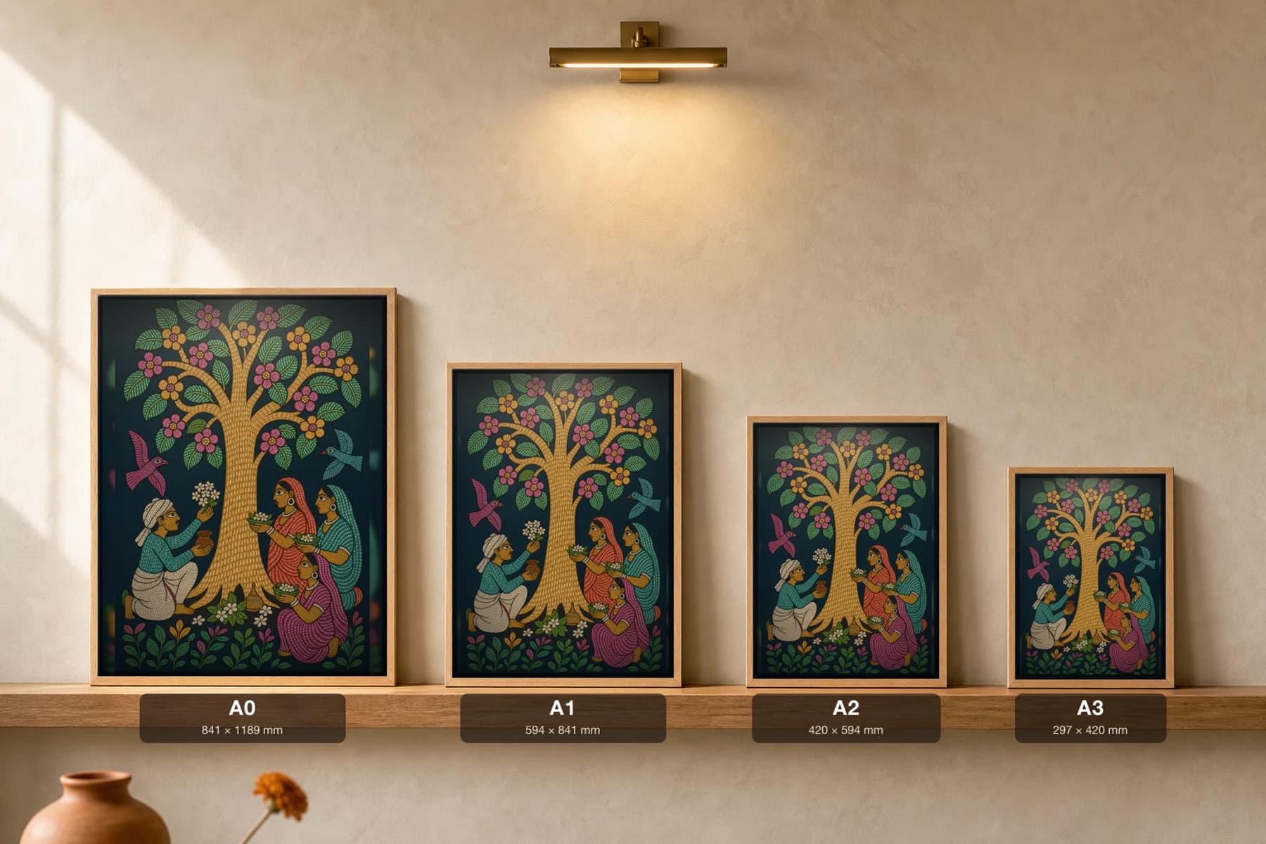 Sarhul Grove Gond Art Print — Pradhan Gond Jangarh Kalam folk art · collector A2 · Madhya Pradesh sal-blossom grove worship — print size guide showing the artwork at A0, A1, A2 and A3 in natural-oak frames at true relative scale