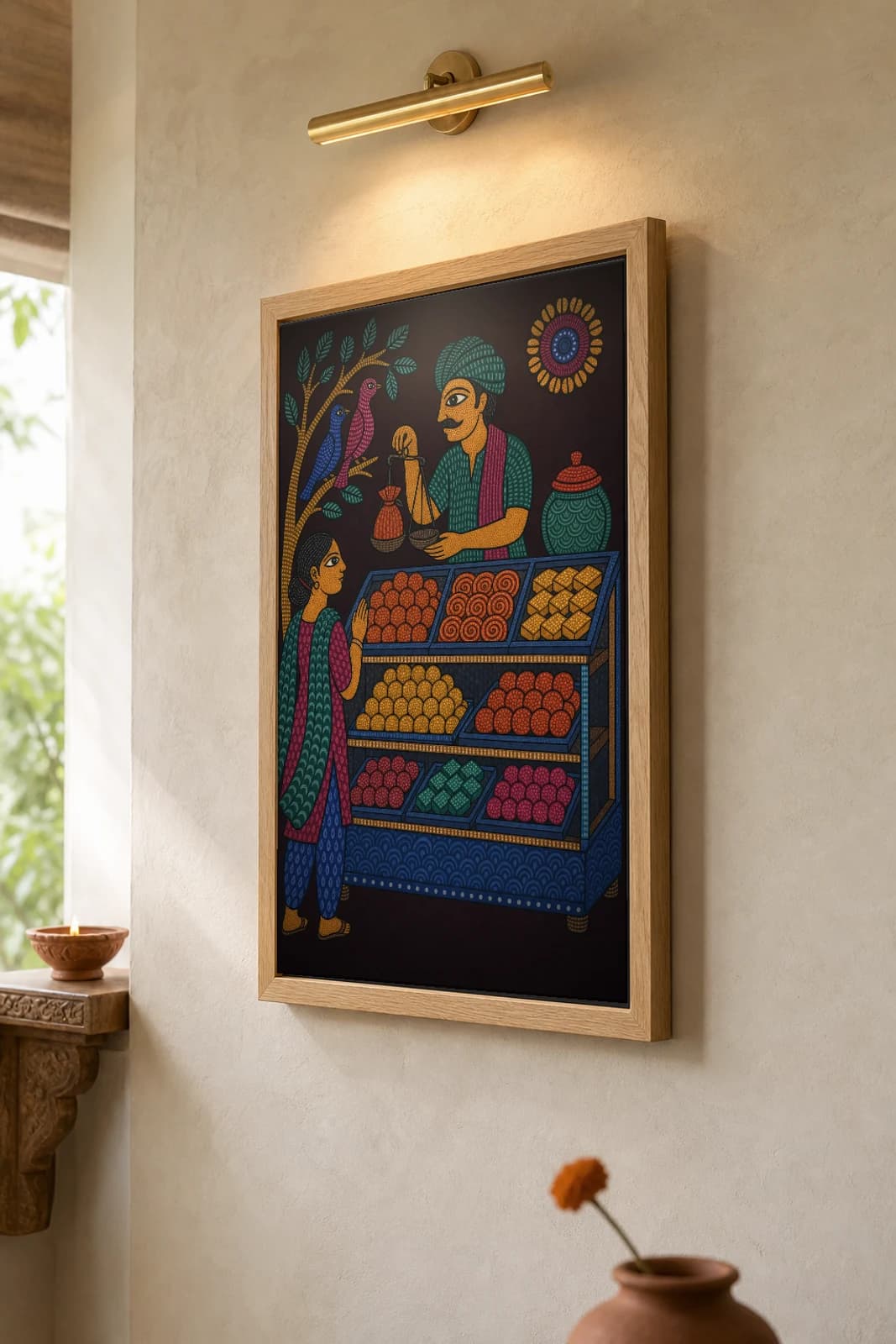 Sweet Shop Counter Gond Art Print — Pradhan Gond Jangarh Kalam folk art · collector A2 · Madhya Pradesh mithai shop with a weighing-scale halwai — the framed print shown at a three-quarter angle on a styled gallery wall in a natural-oak frame