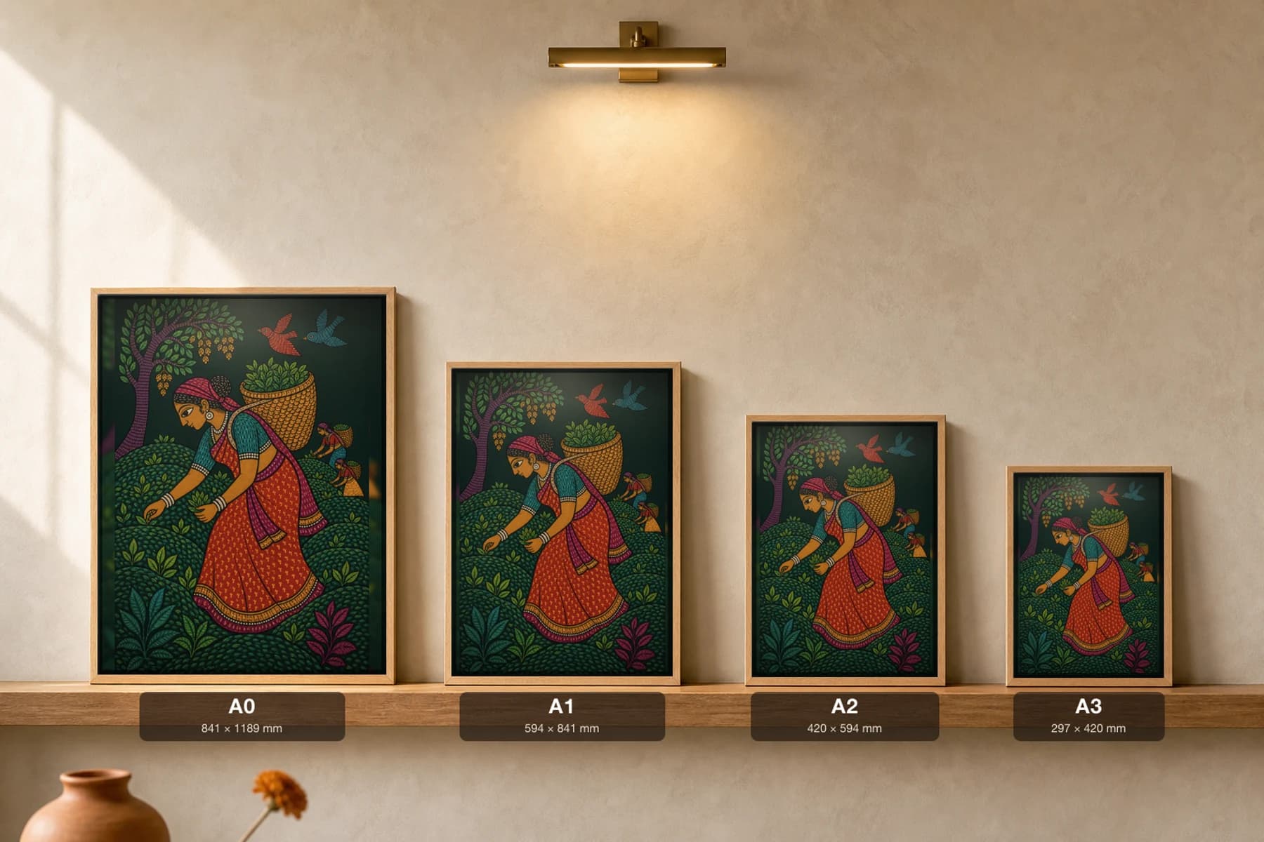Tea Garden Pluckers Gond Art Print — Pradhan Gond Jangarh Kalam folk art · collector A2 · Madhya Pradesh women picking tea with back-baskets — print size guide showing the artwork at A0, A1, A2 and A3 in natural-oak frames at true relative scale