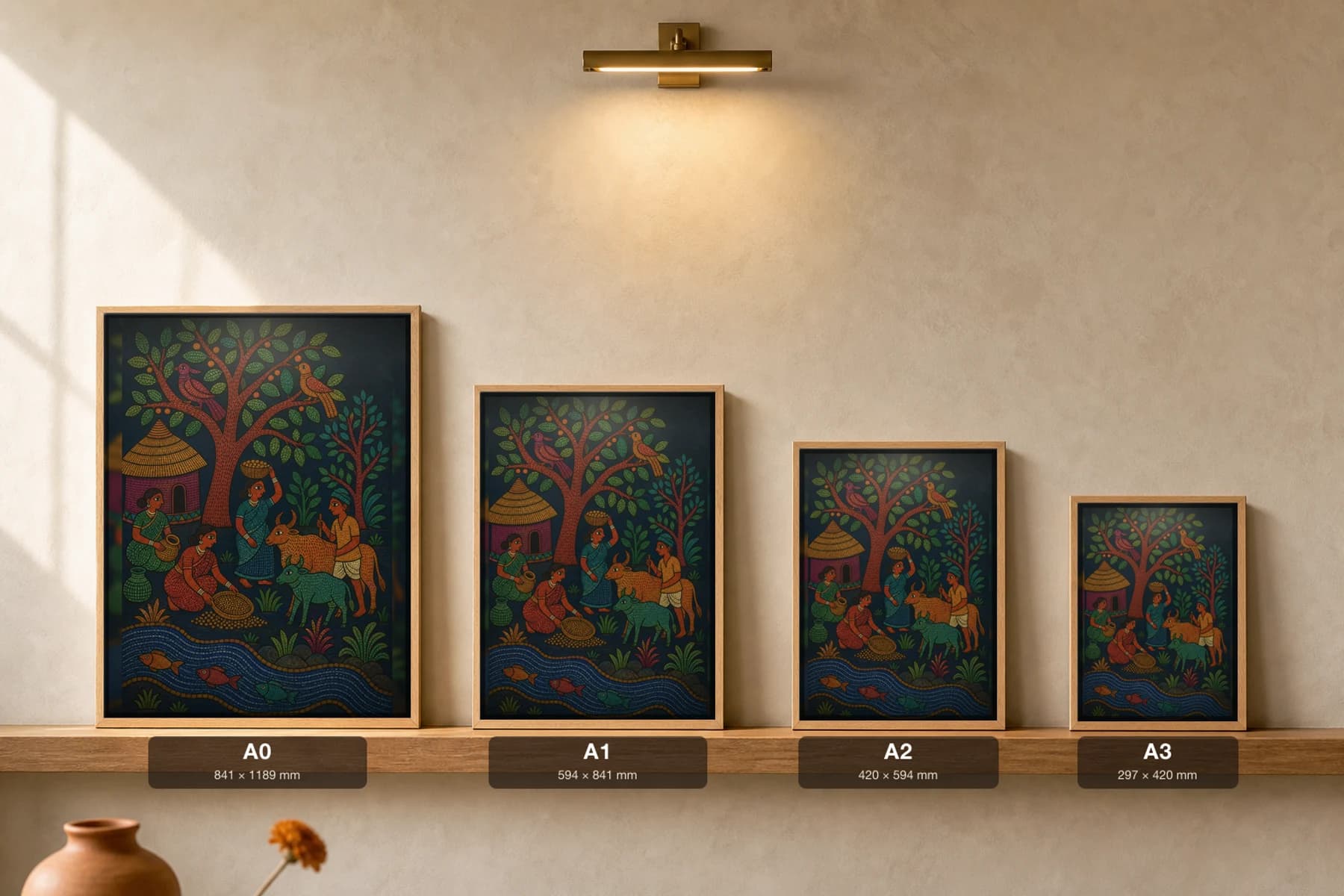 Village of the Forest Gond Art Print — Pradhan Gond Jangarh Kalam folk art · collector A2 · Madhya Pradesh village day by the river — print size guide showing the artwork at A0, A1, A2 and A3 in natural-oak frames at true relative scale