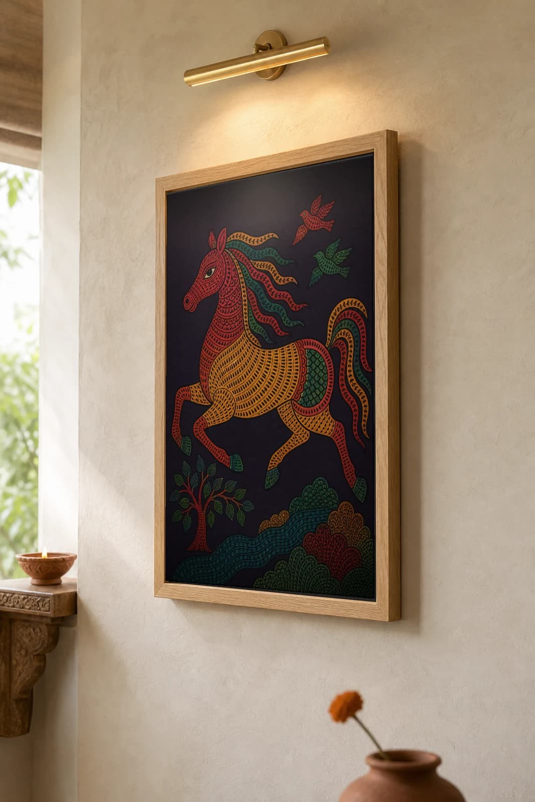 Wild Horse Gond Art Print — Pradhan Gond Jangarh Kalam folk art · collector A2 · Madhya Pradesh galloping horse with a flowing mane — the framed print shown at a three-quarter angle on a styled gallery wall in a natural-oak frame