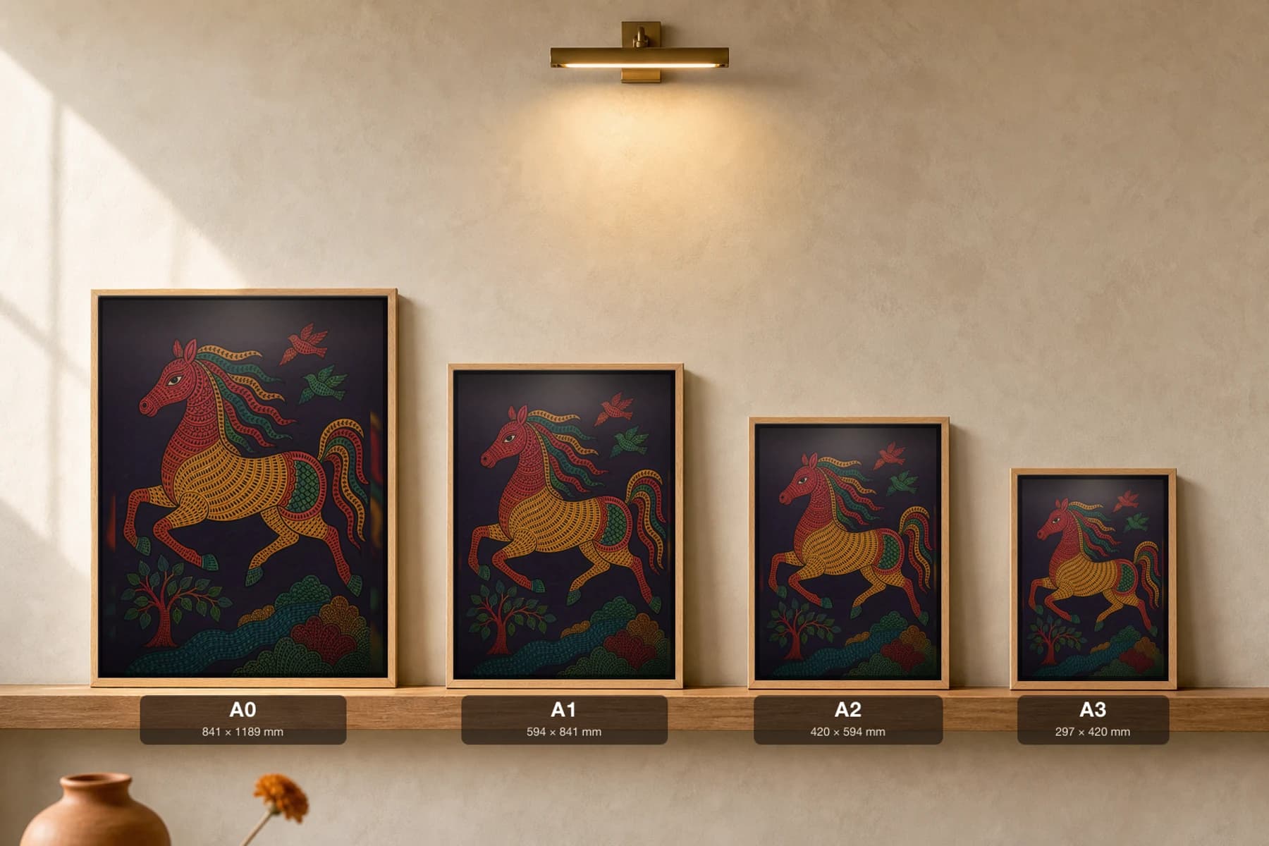 Wild Horse Gond Art Print — Pradhan Gond Jangarh Kalam folk art · collector A2 · Madhya Pradesh galloping horse with a flowing mane — print size guide showing the artwork at A0, A1, A2 and A3 in natural-oak frames at true relative scale