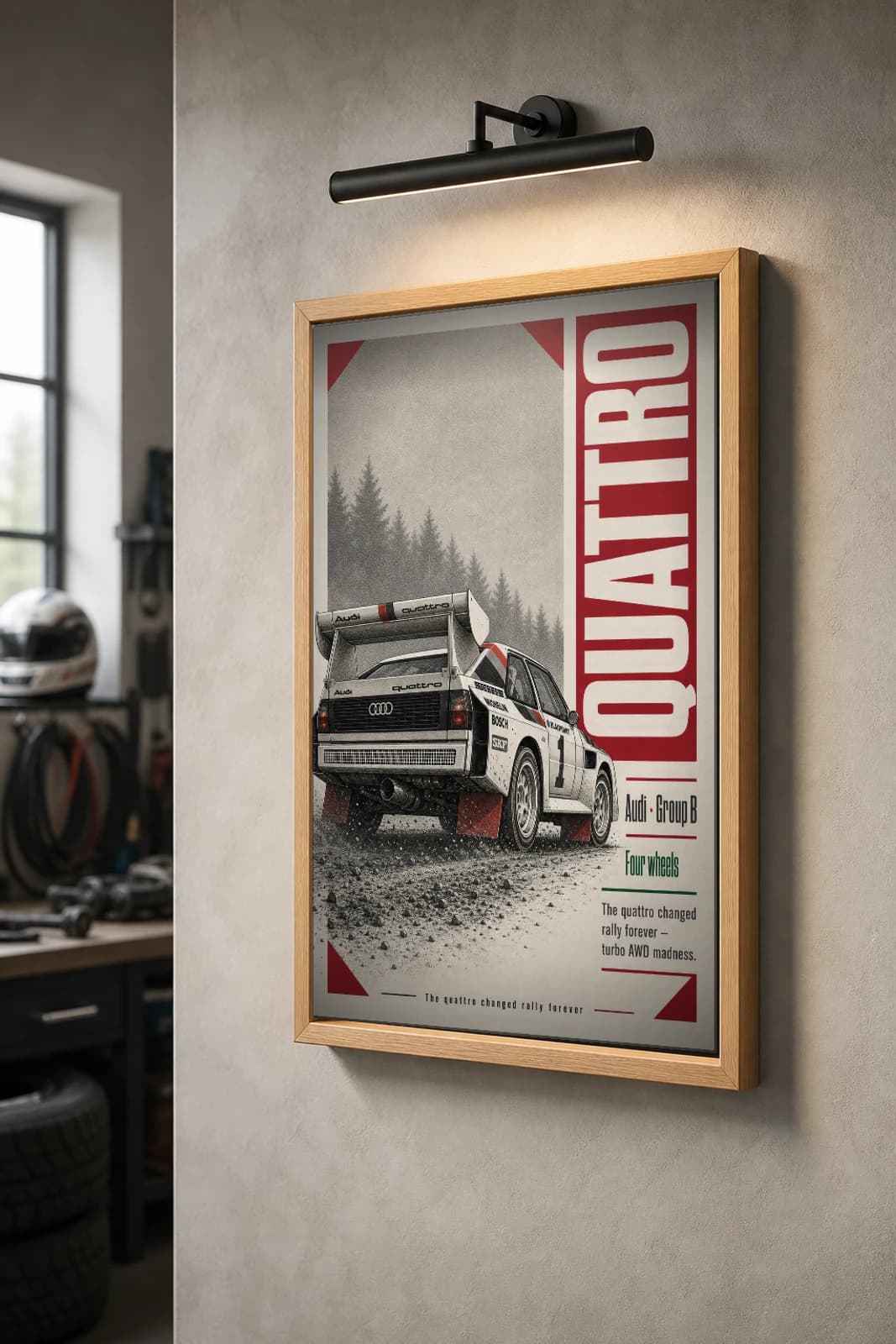 Audi Sport Quattro A2 Poster — 1985 Group B / WRC Rally Wall Art · framed A2 — the framed print shown at a three-quarter angle on a styled gallery wall in a natural-oak frame