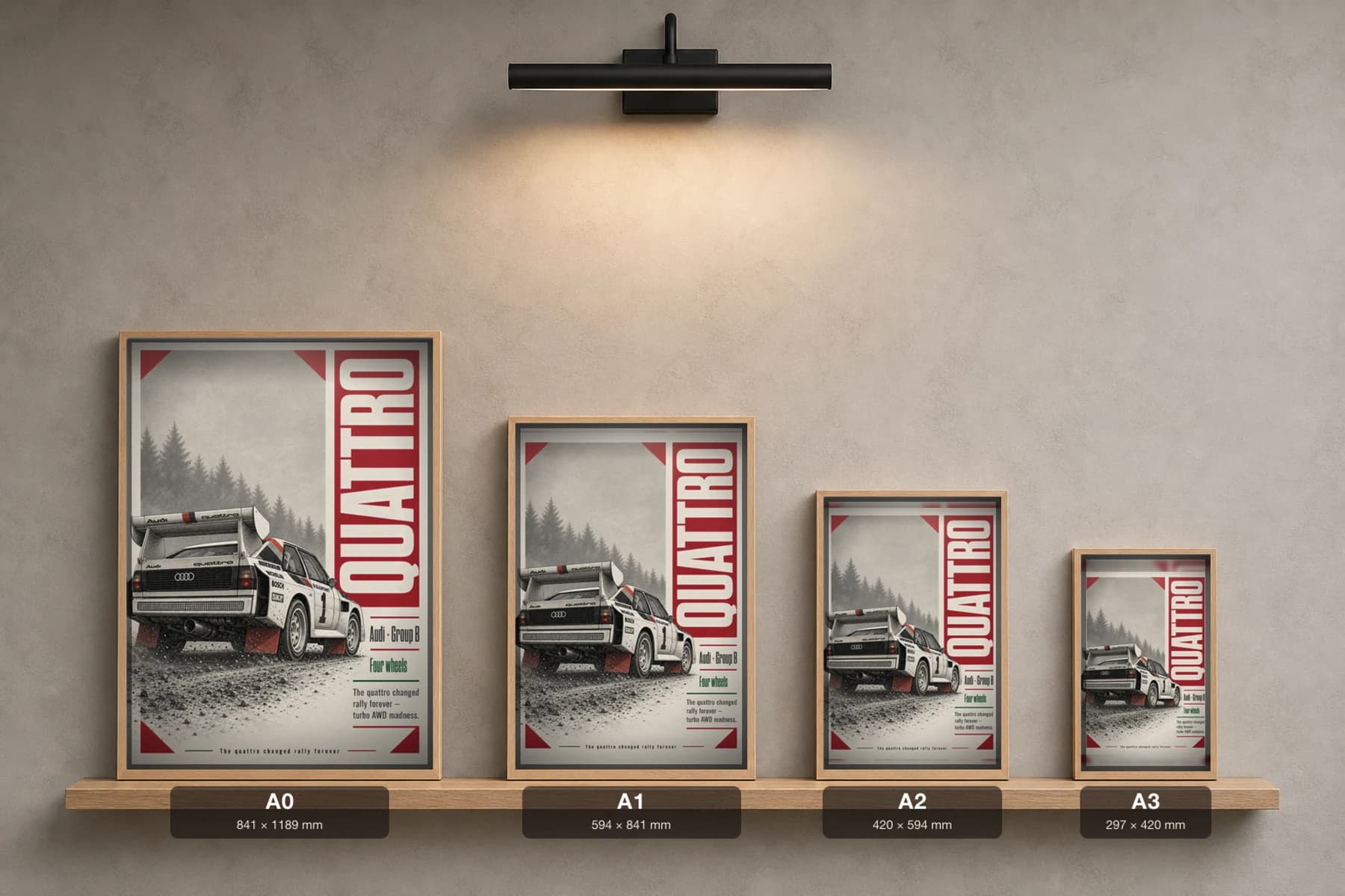 Audi Sport Quattro A2 Poster — 1985 Group B / WRC Rally Wall Art · framed A2 — print size guide showing the artwork at A0, A1, A2 and A3 in natural-oak frames at true relative scale