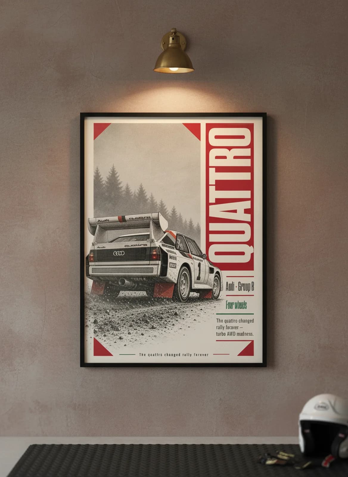 Quattro A2 Group B rally print in black A2 frame on warm-newsprint warm-graphite wall — Group B WEC mockup
