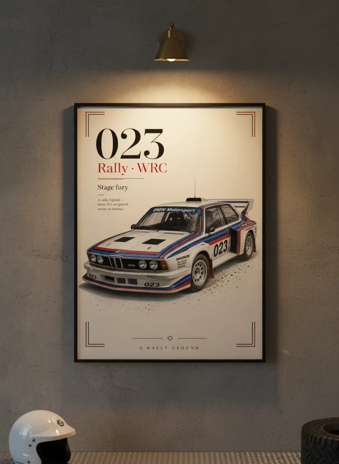 BMW 023 Group B rally print in black A2 frame on warm-off-white-cream warm-graphite wall — Group B WEC mockup