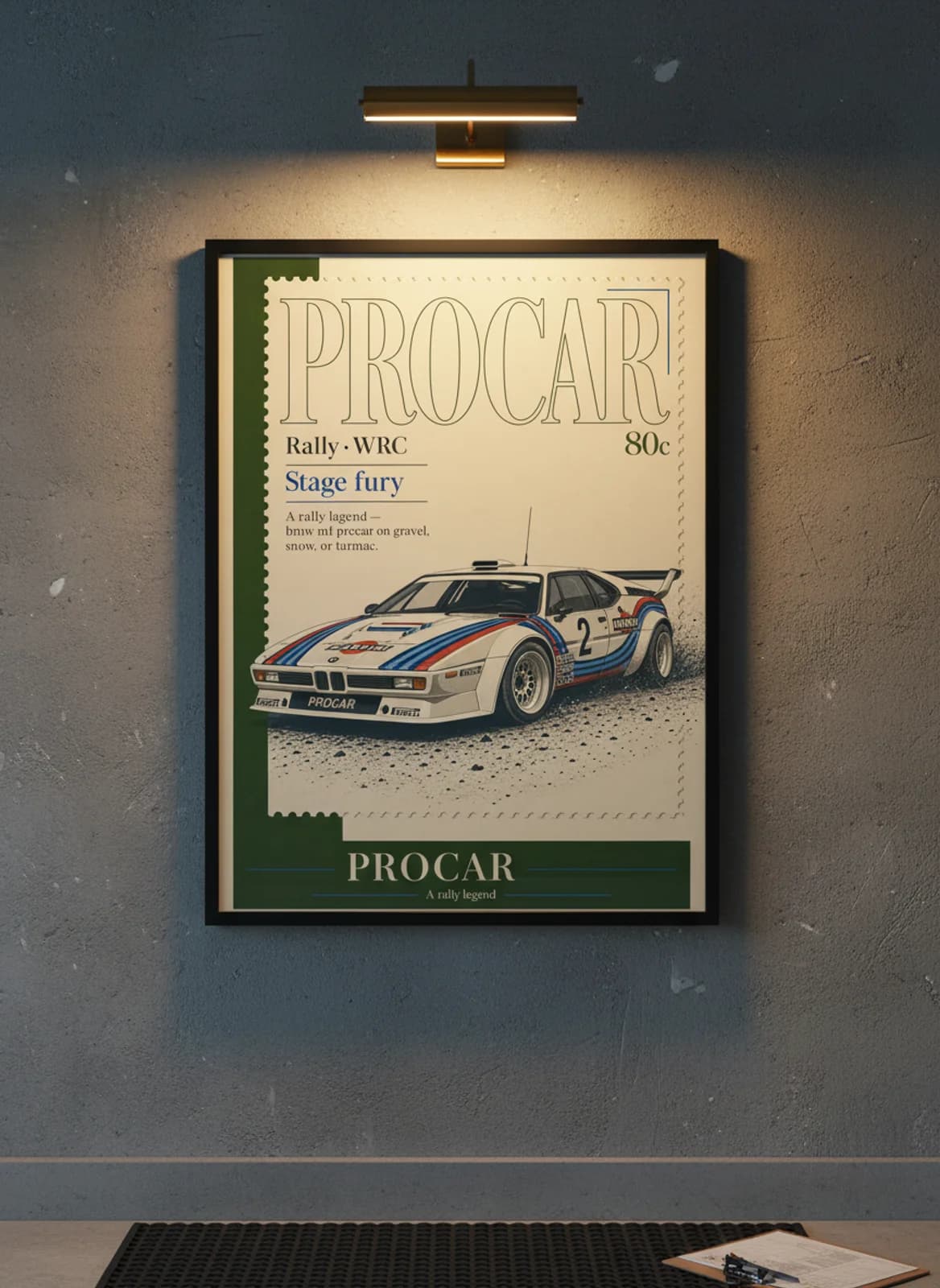 BMW M1 Procar Group B rally print in black A2 frame on warm-cream-newsprint warm-graphite wall — Group B WEC mockup