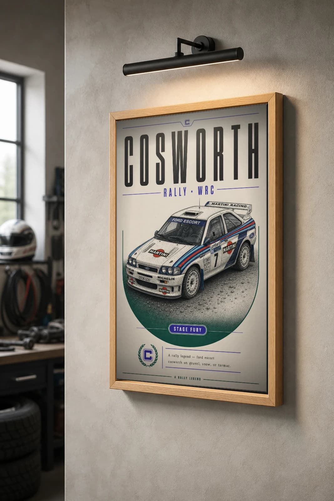 Ford Escort RS Cosworth Poster — 1994 Group B / WRC Rally Wall Art · framed A2 — the framed print shown at a three-quarter angle on a styled gallery wall in a natural-oak frame