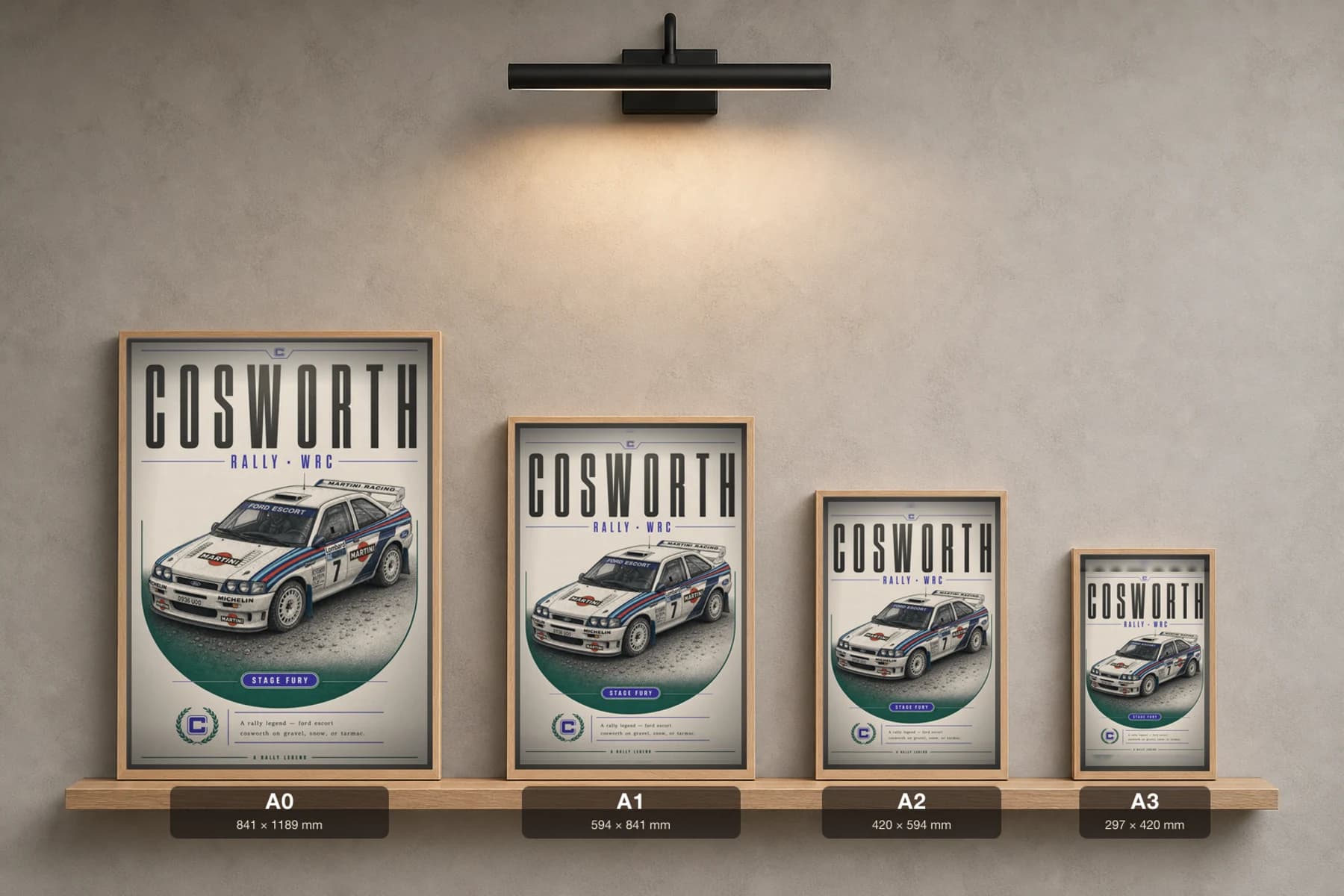 Ford Escort RS Cosworth Poster — 1994 Group B / WRC Rally Wall Art · framed A2 — print size guide showing the artwork at A0, A1, A2 and A3 in natural-oak frames at true relative scale