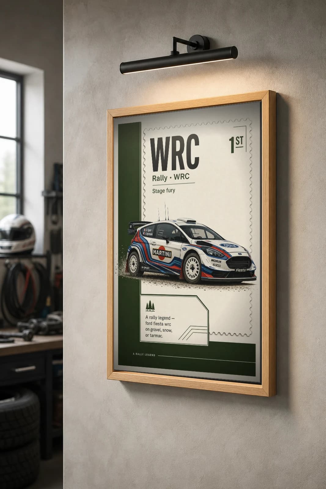 Ford Fiesta WRC Poster — 2018 Group B / WRC Rally Wall Art · framed A2 — the framed print shown at a three-quarter angle on a styled gallery wall in a natural-oak frame
