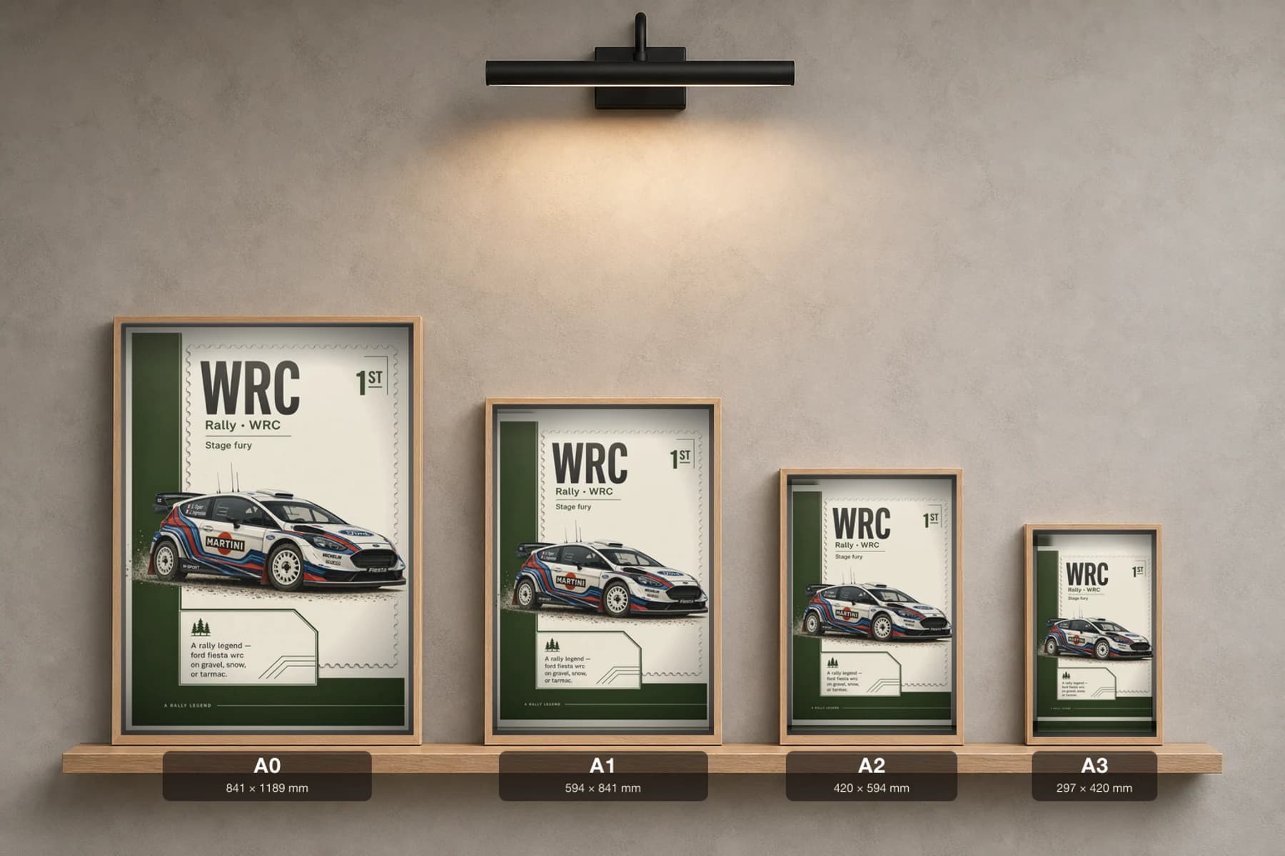 Ford Fiesta WRC Poster — 2018 Group B / WRC Rally Wall Art · framed A2 — print size guide showing the artwork at A0, A1, A2 and A3 in natural-oak frames at true relative scale