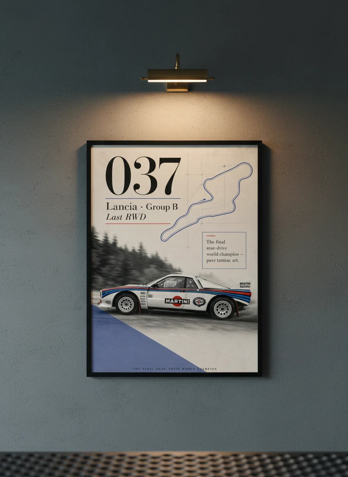 037 Group B rally print in black A2 frame on off-white-newsprint warm-graphite wall — Group B WEC mockup