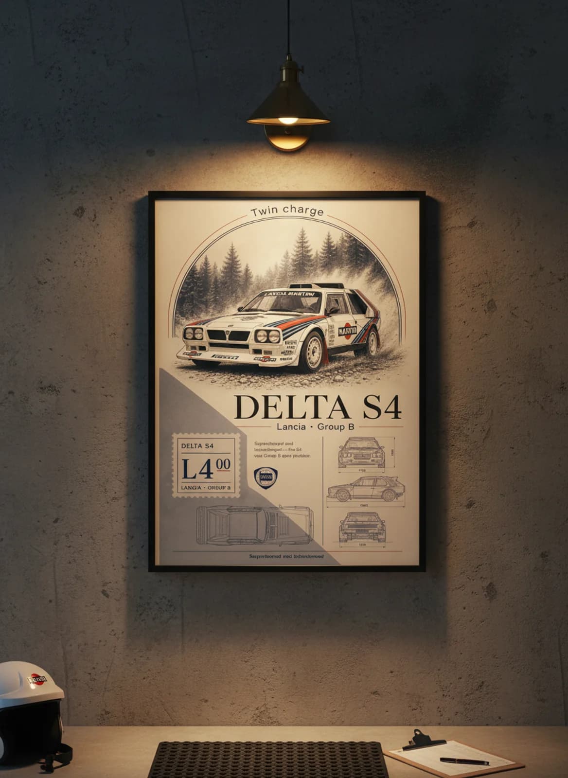 Delta S4 Group B rally print in black A2 frame on warm-newsprint warm-graphite wall — Group B WEC mockup