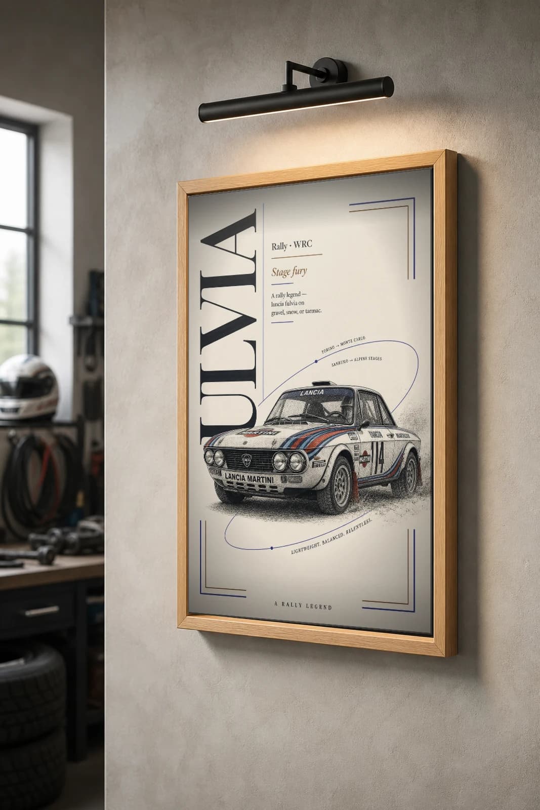 Lancia Fulvia HF Poster — 1972 Group B / WRC Rally Wall Art · framed A2 — the framed print shown at a three-quarter angle on a styled gallery wall in a natural-oak frame