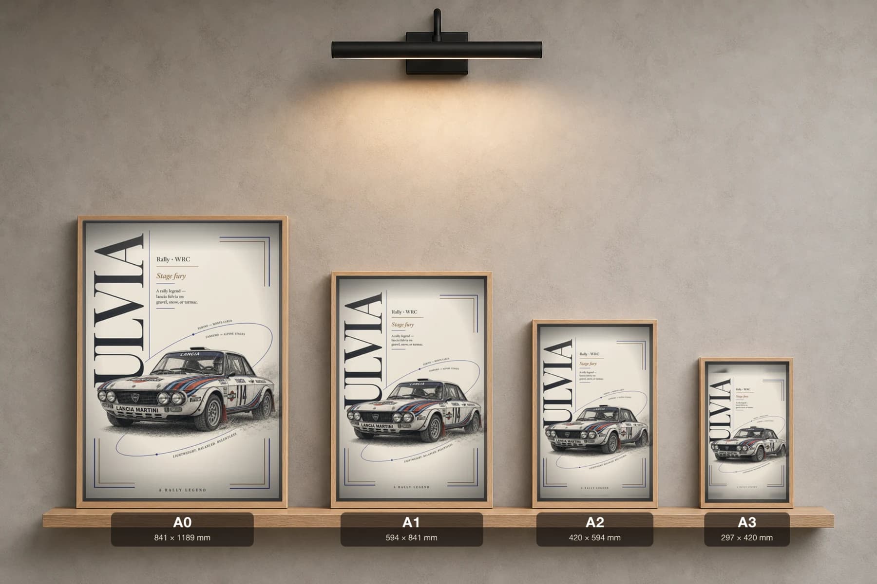 Lancia Fulvia HF Poster — 1972 Group B / WRC Rally Wall Art · framed A2 — print size guide showing the artwork at A0, A1, A2 and A3 in natural-oak frames at true relative scale