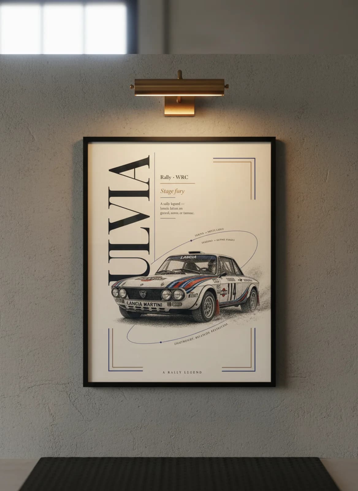 Lancia Fulvia Group B rally print in black A2 frame on warm-cream-newsprint warm-graphite wall — Group B WEC mockup