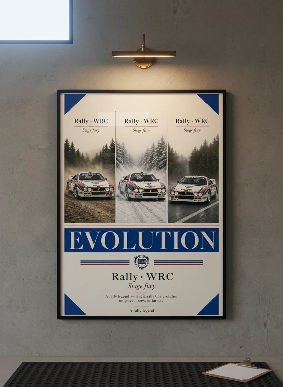 Lancia Rally 037 Evolution Group B rally print in black A2 frame on warm-cream-newsprint warm-graphite wall — Group B WEC mockup
