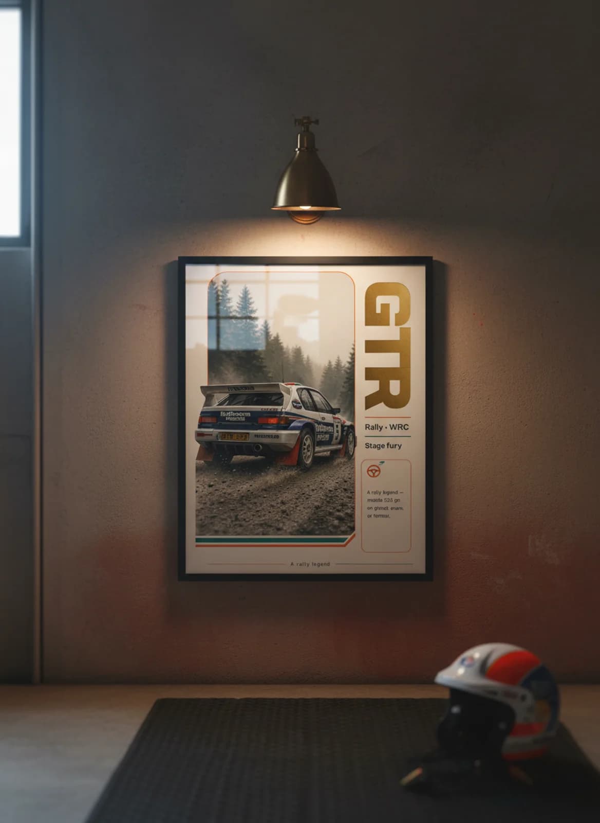 Mazda 323 GTR Group B rally print in black A2 frame on warm-cream-newsprint warm-graphite wall — Group B WEC mockup