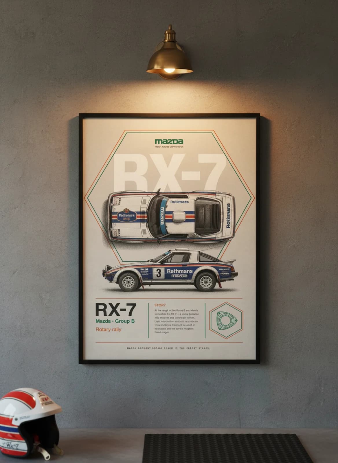 RX-7 Group B rally print in black A2 frame on warm-light-grey-newsprint warm-graphite wall — Group B WEC mockup