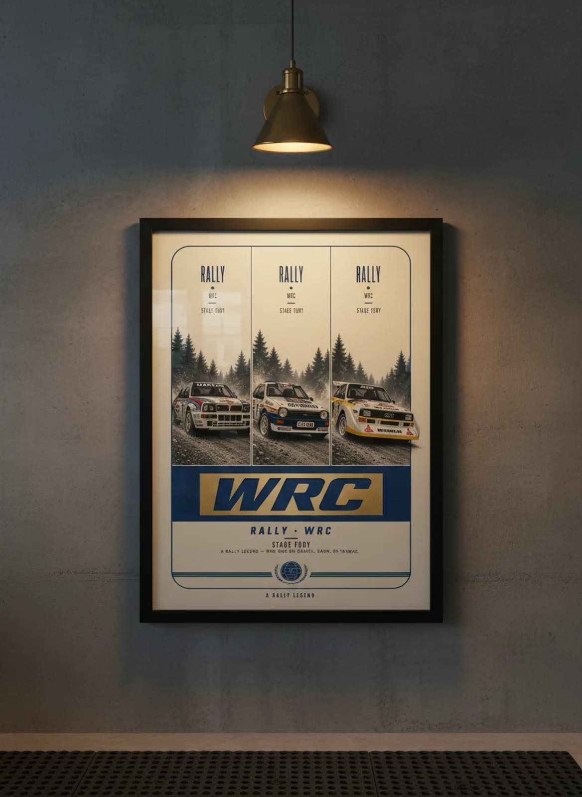 Mini WRC Group B rally print in black A2 frame on warm-cream-newsprint warm-graphite wall — Group B WEC mockup