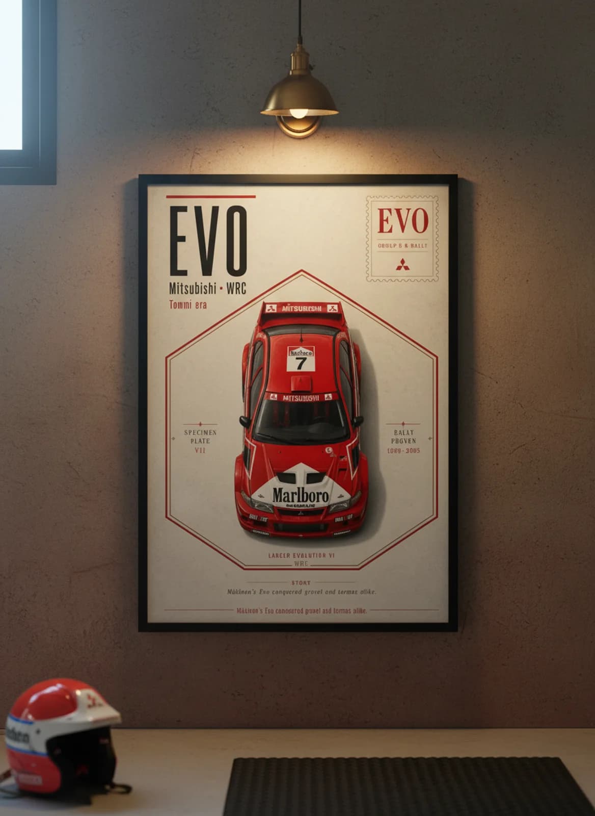 Lancer Evolution VI WRC Group B rally print in black A2 frame on warm-newsprint-paper warm-graphite wall — Group B WEC mockup