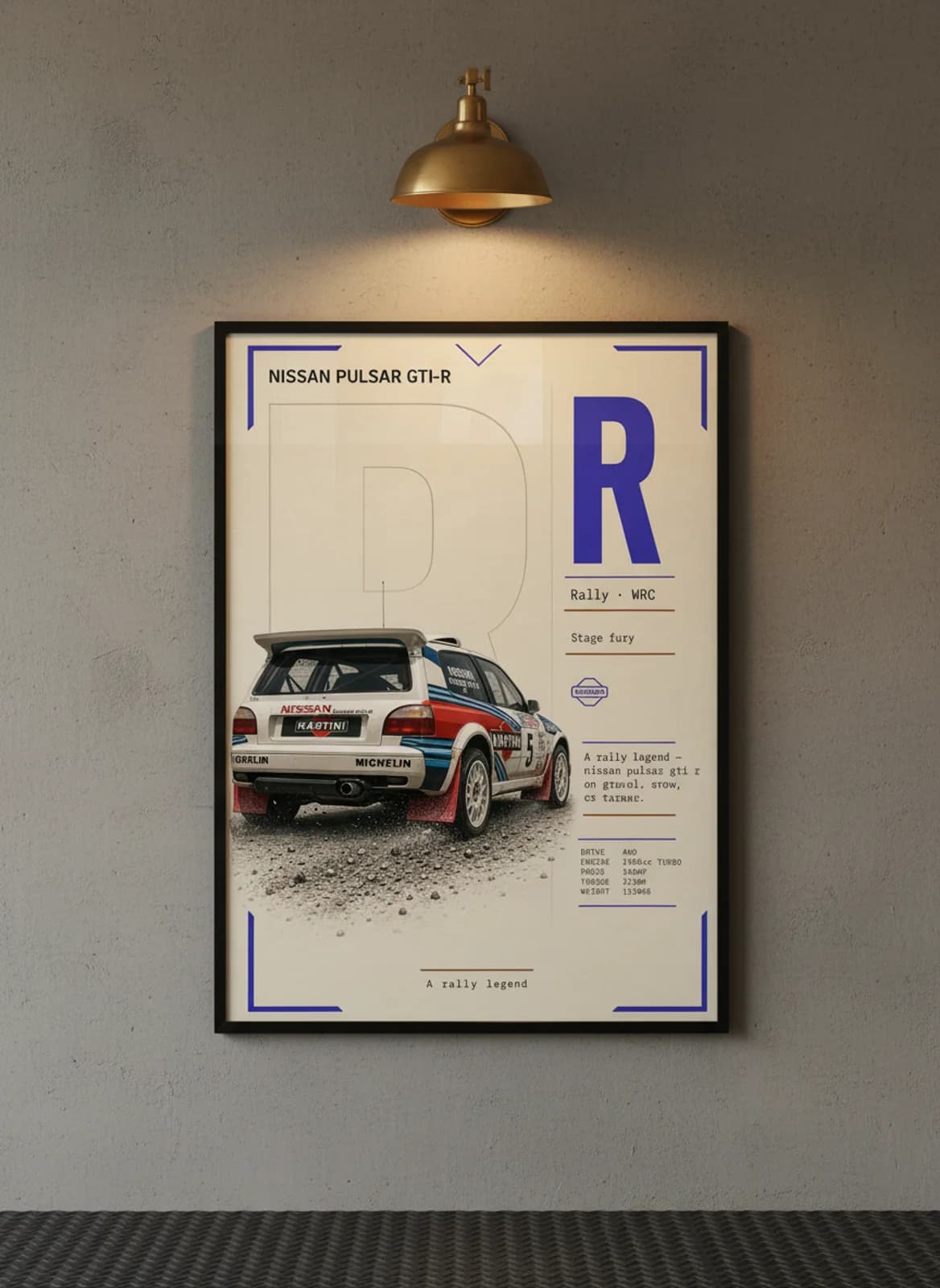 Nissan Pulsar GTI-R Group B rally print in black A2 frame on warm-cream-newsprint warm-graphite wall — Group B WEC mockup