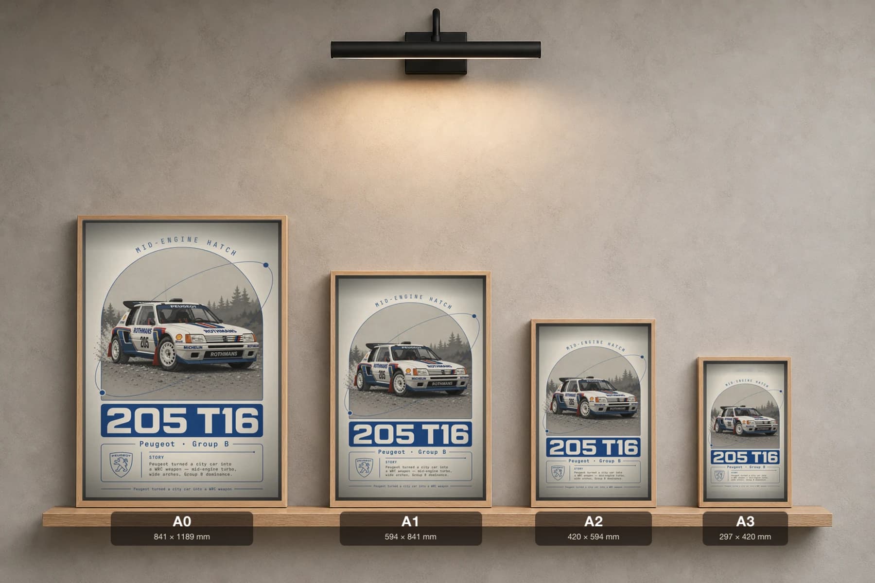 Peugeot 205 Turbo 16 Poster — 1985 Group B / WRC Rally Wall Art · framed A2 — print size guide showing the artwork at A0, A1, A2 and A3 in natural-oak frames at true relative scale