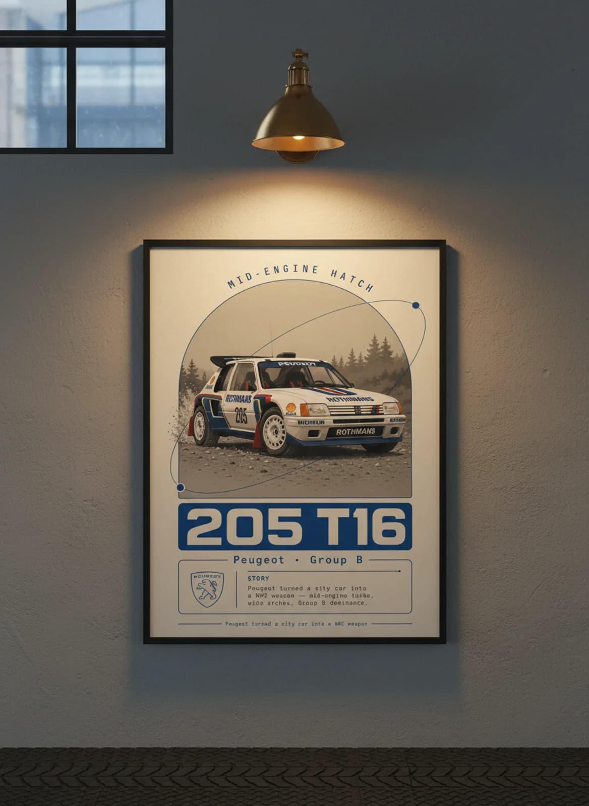205 T16 Group B rally print in black A2 frame on cream-newsprint warm-graphite wall — Group B WEC mockup