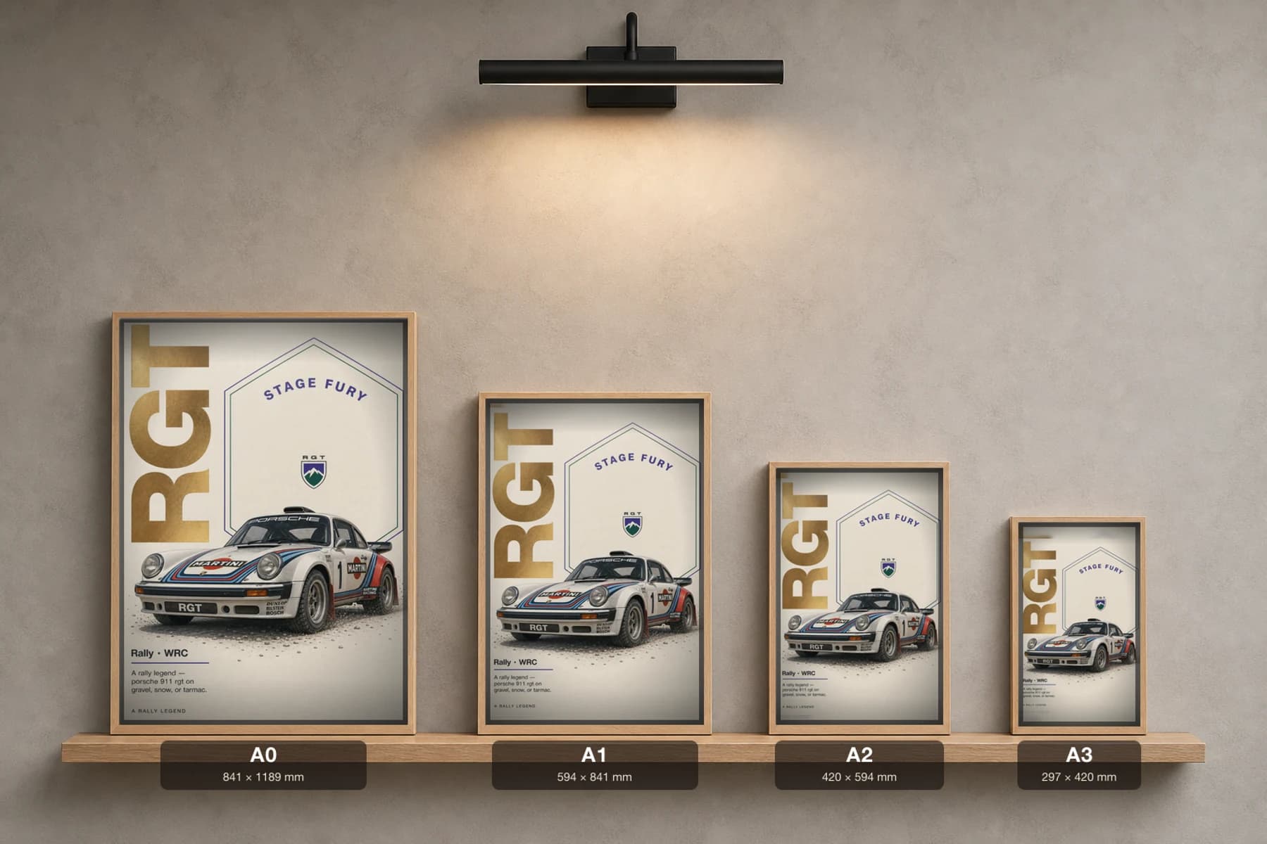 Porsche 911 RGT Poster — 2018 Group B / WRC Rally Wall Art · framed A2 — print size guide showing the artwork at A0, A1, A2 and A3 in natural-oak frames at true relative scale