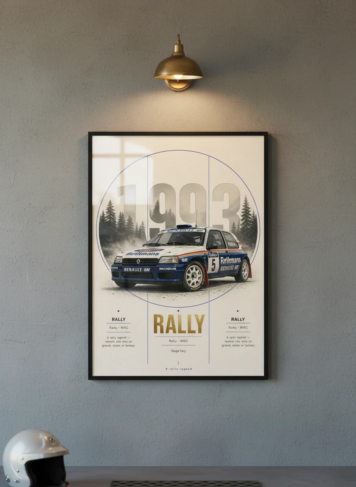 Renault Clio Rally Group B rally print in black A2 frame on warm-cream-newsprint warm-graphite wall — Group B WEC mockup