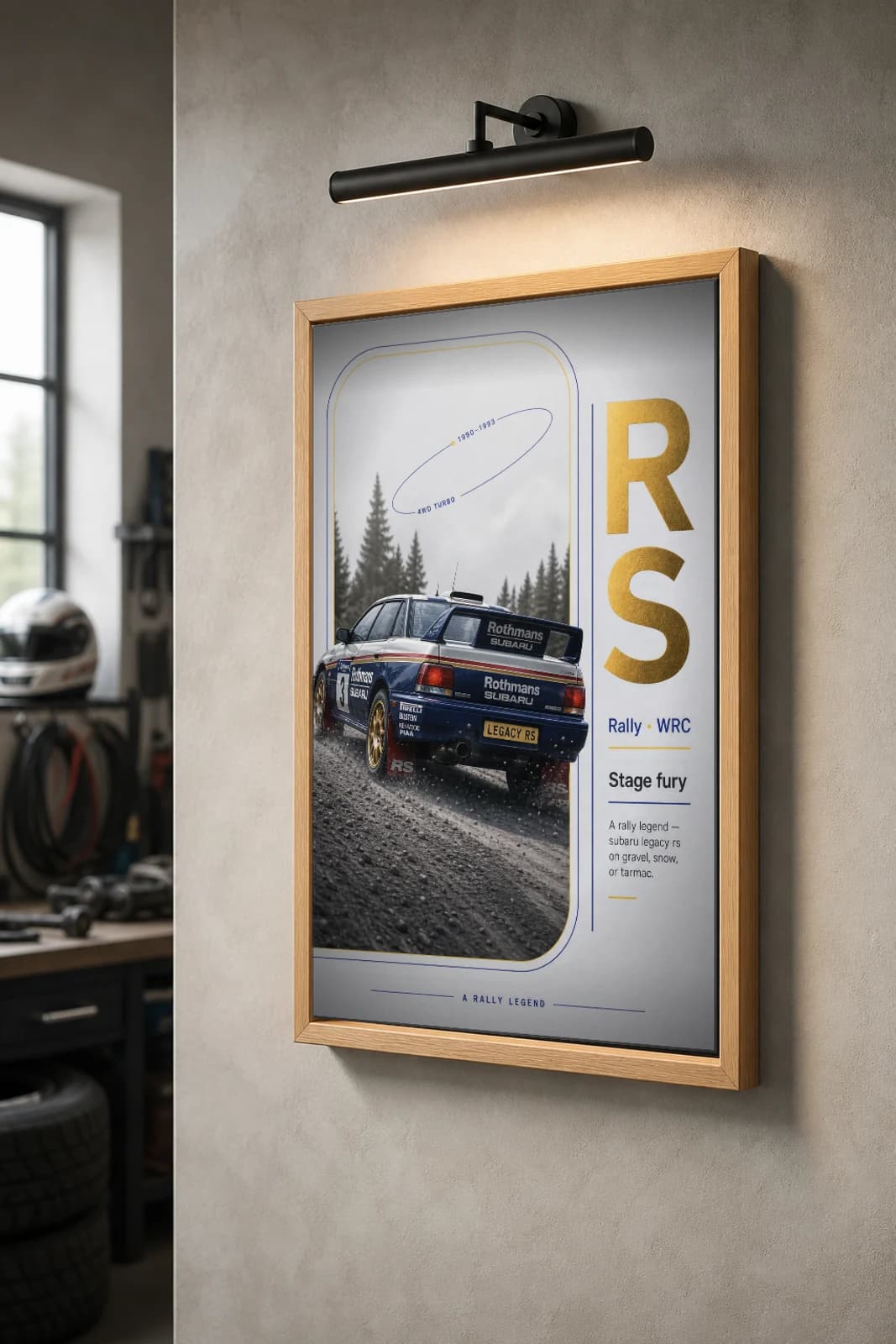 Subaru Legacy RS Poster — 1990 Group B / WRC Rally Wall Art · framed A2 — the framed print shown at a three-quarter angle on a styled gallery wall in a natural-oak frame