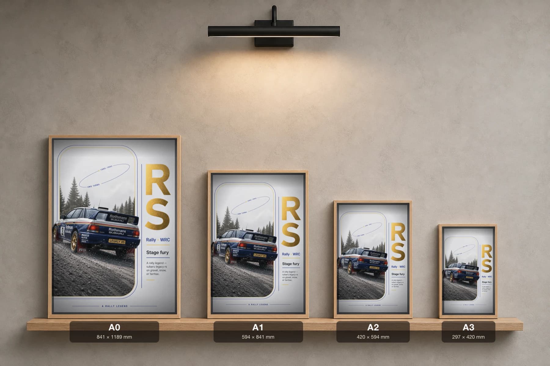 Subaru Legacy RS Poster — 1990 Group B / WRC Rally Wall Art · framed A2 — print size guide showing the artwork at A0, A1, A2 and A3 in natural-oak frames at true relative scale