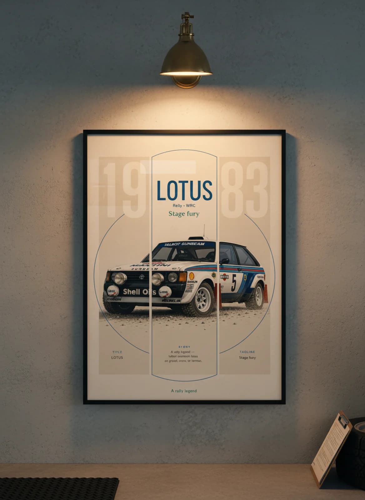 Talbot Sunbeam Lotus Group B rally print in black A2 frame on warm-cream-newsprint warm-graphite wall — Group B WEC mockup